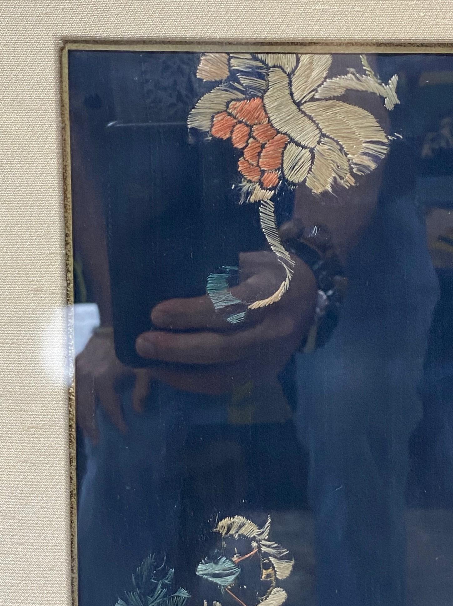 19th Century Japanese Asian Framed Meiji Peroid Silk Floral Flower Embroidery Textile Panel For Sale