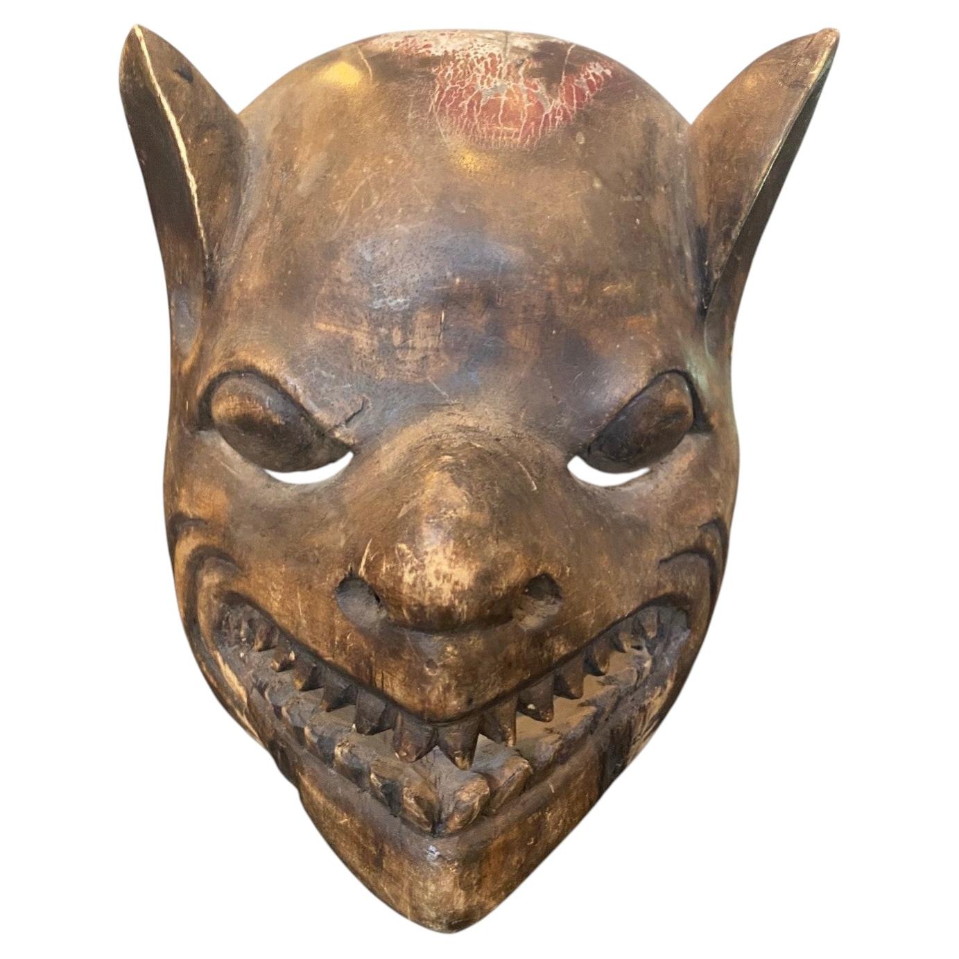 Escultura Japonesa Asiática de Madera Tallada a Mano Kitsune Zorro o Máscara de Demonio Arte Popular