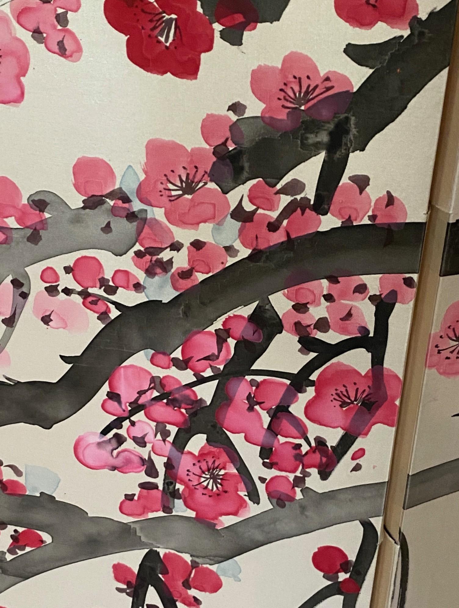 Paravento giapponese asiatico coreano cinese firmato a 4 pannelli Foldes Byobu Cherry Blossom in vendita 2