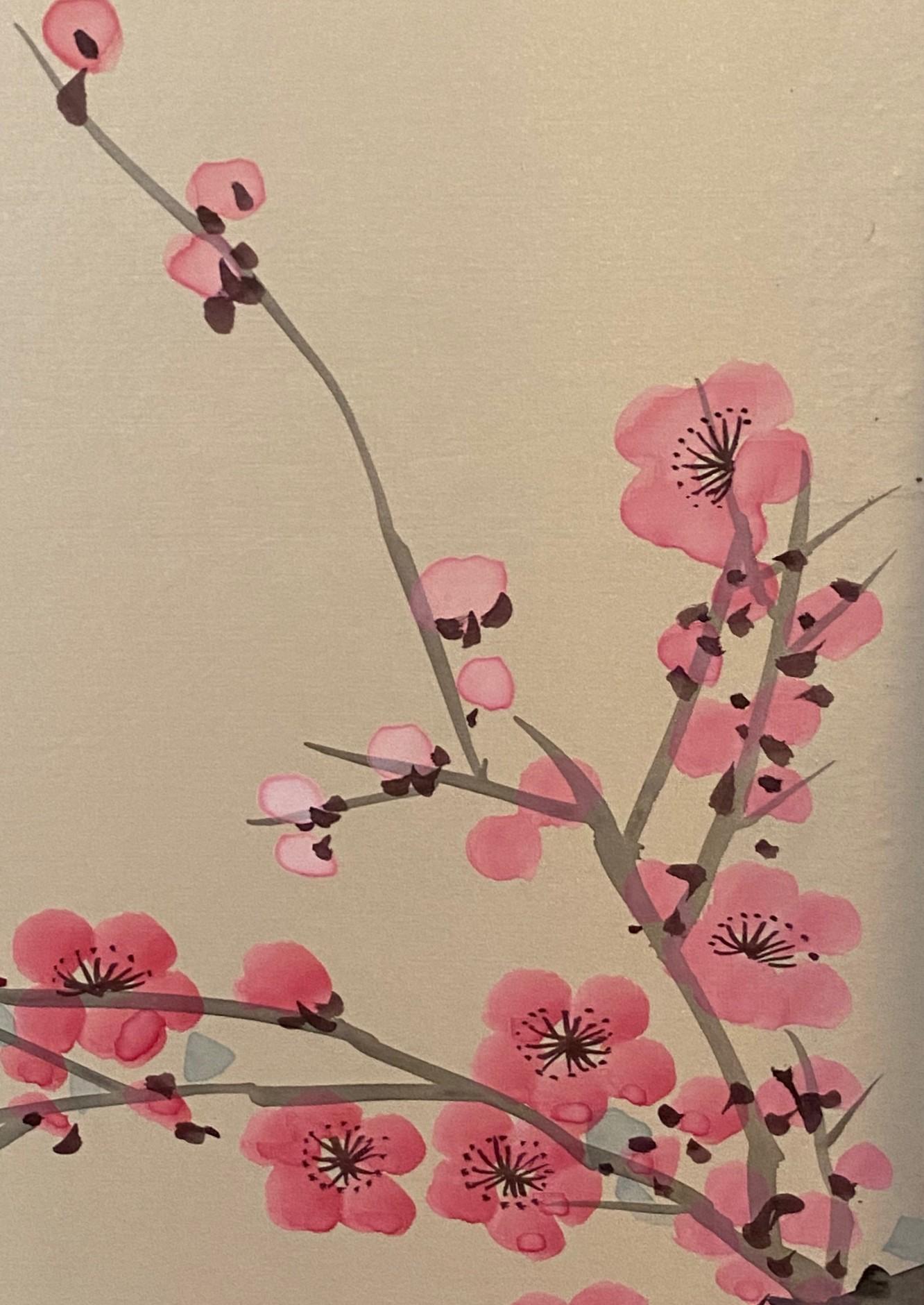 Paravento giapponese asiatico coreano cinese firmato a 4 pannelli Foldes Byobu Cherry Blossom in vendita 3