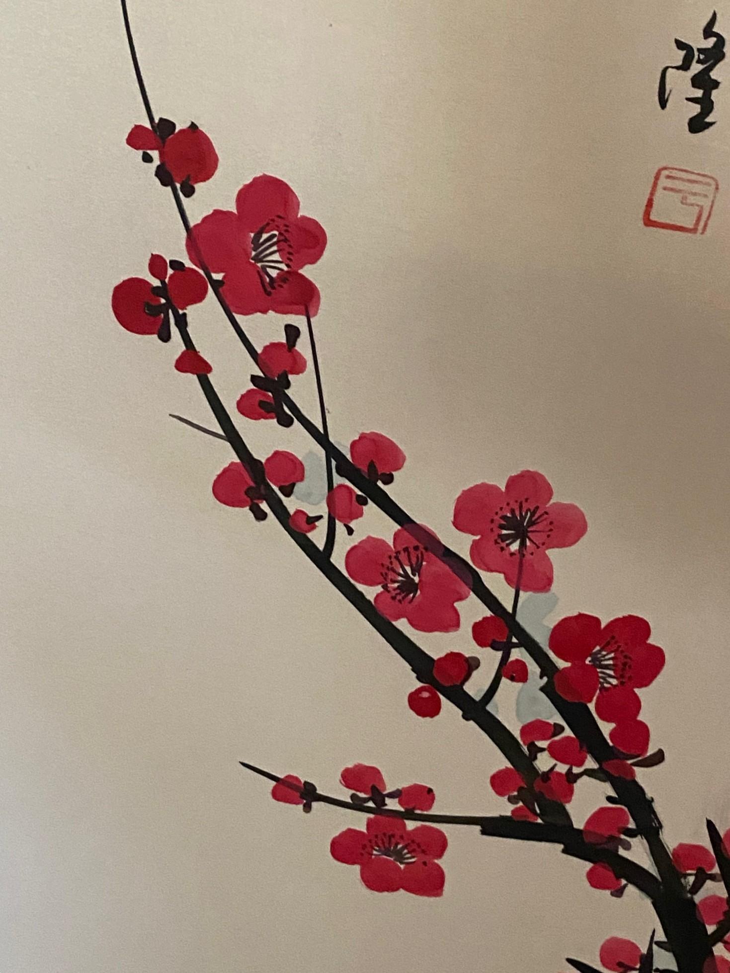 Paravento giapponese asiatico coreano cinese firmato a 4 pannelli Foldes Byobu Cherry Blossom in vendita 4