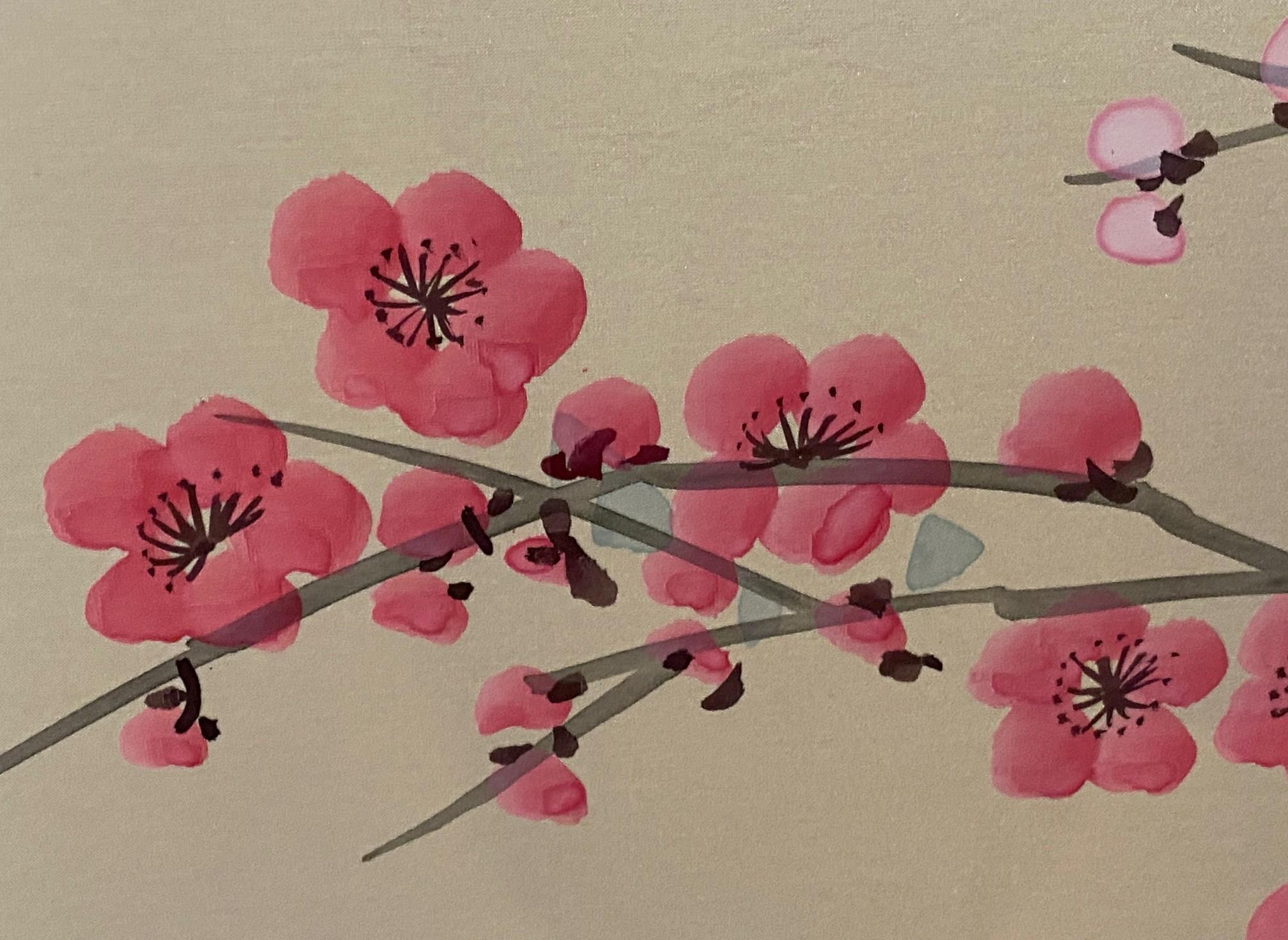 Paravento giapponese asiatico coreano cinese firmato a 4 pannelli Foldes Byobu Cherry Blossom in vendita 5