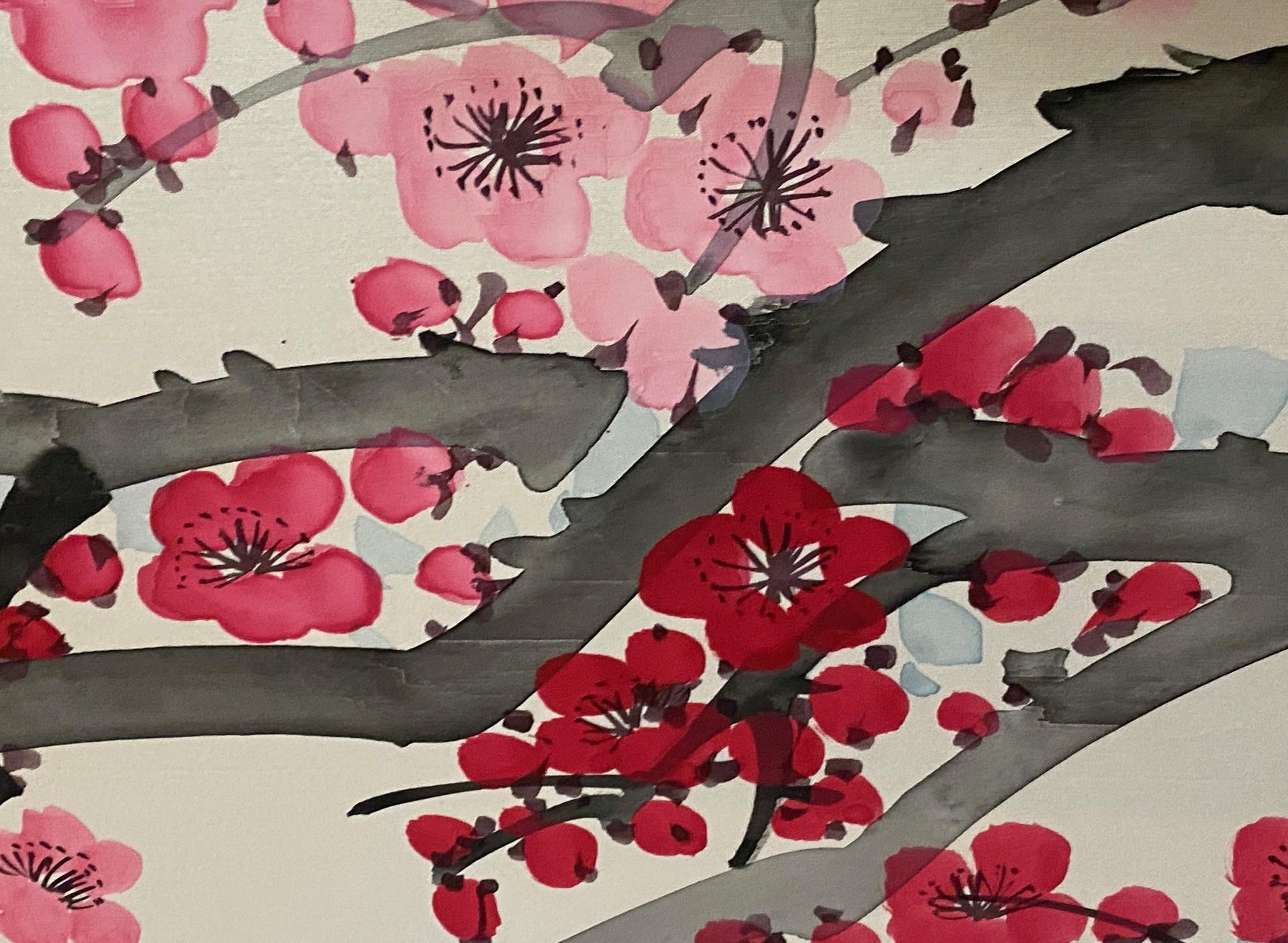 Paravento giapponese asiatico coreano cinese firmato a 4 pannelli Foldes Byobu Cherry Blossom in vendita 6