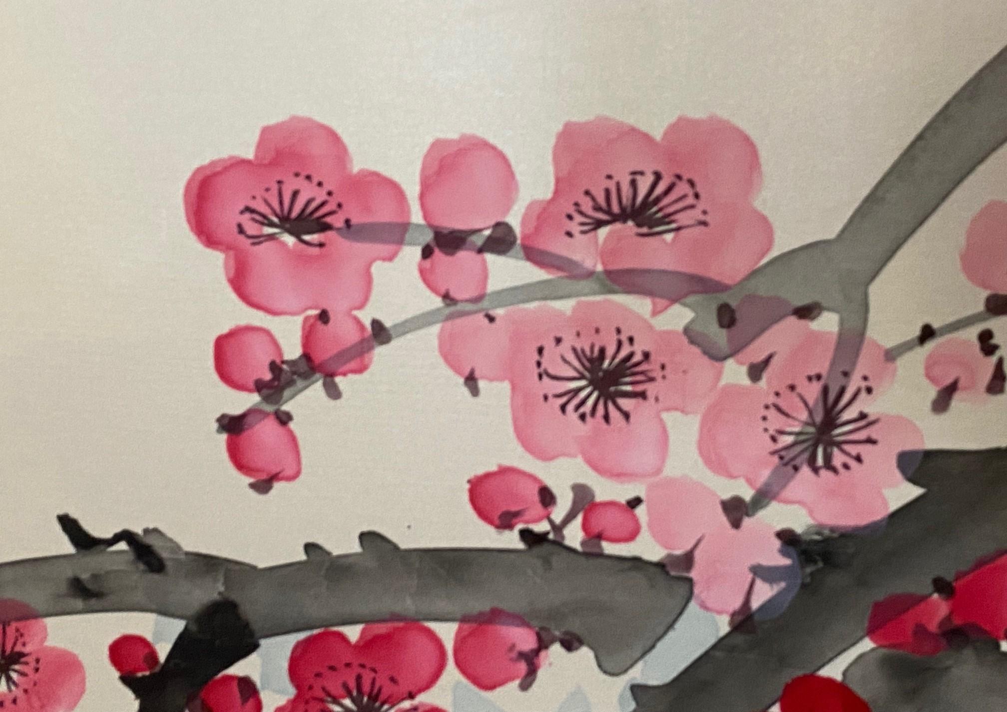 Paravento giapponese asiatico coreano cinese firmato a 4 pannelli Foldes Byobu Cherry Blossom in vendita 7