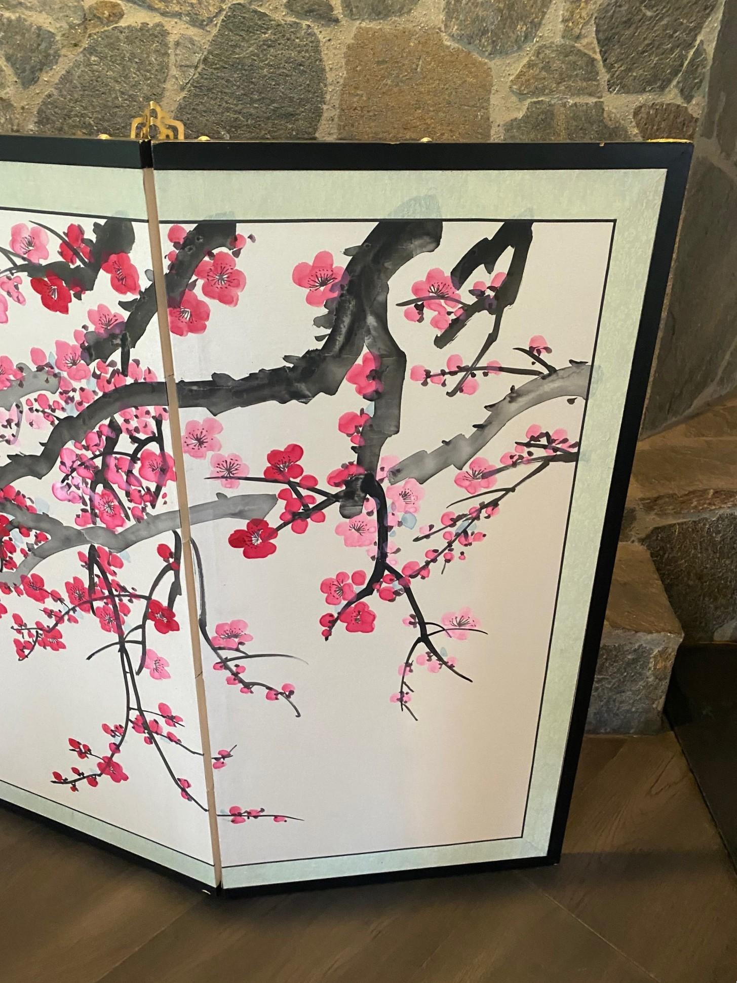 Showa Paravento giapponese asiatico coreano cinese firmato a 4 pannelli Foldes Byobu Cherry Blossom in vendita