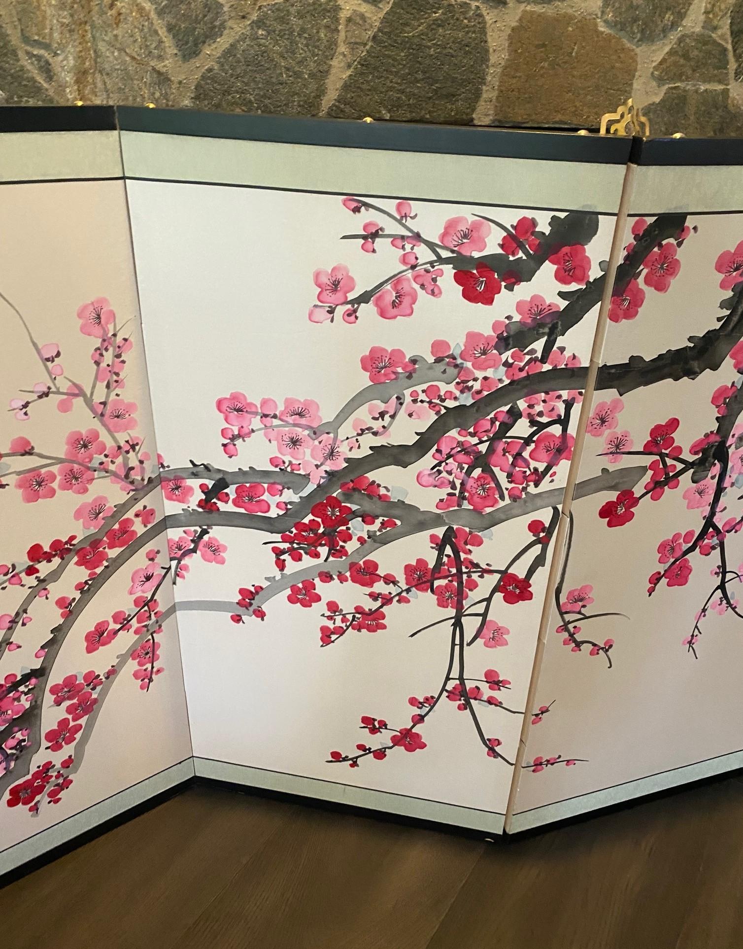 Giapponese Paravento giapponese asiatico coreano cinese firmato a 4 pannelli Foldes Byobu Cherry Blossom in vendita