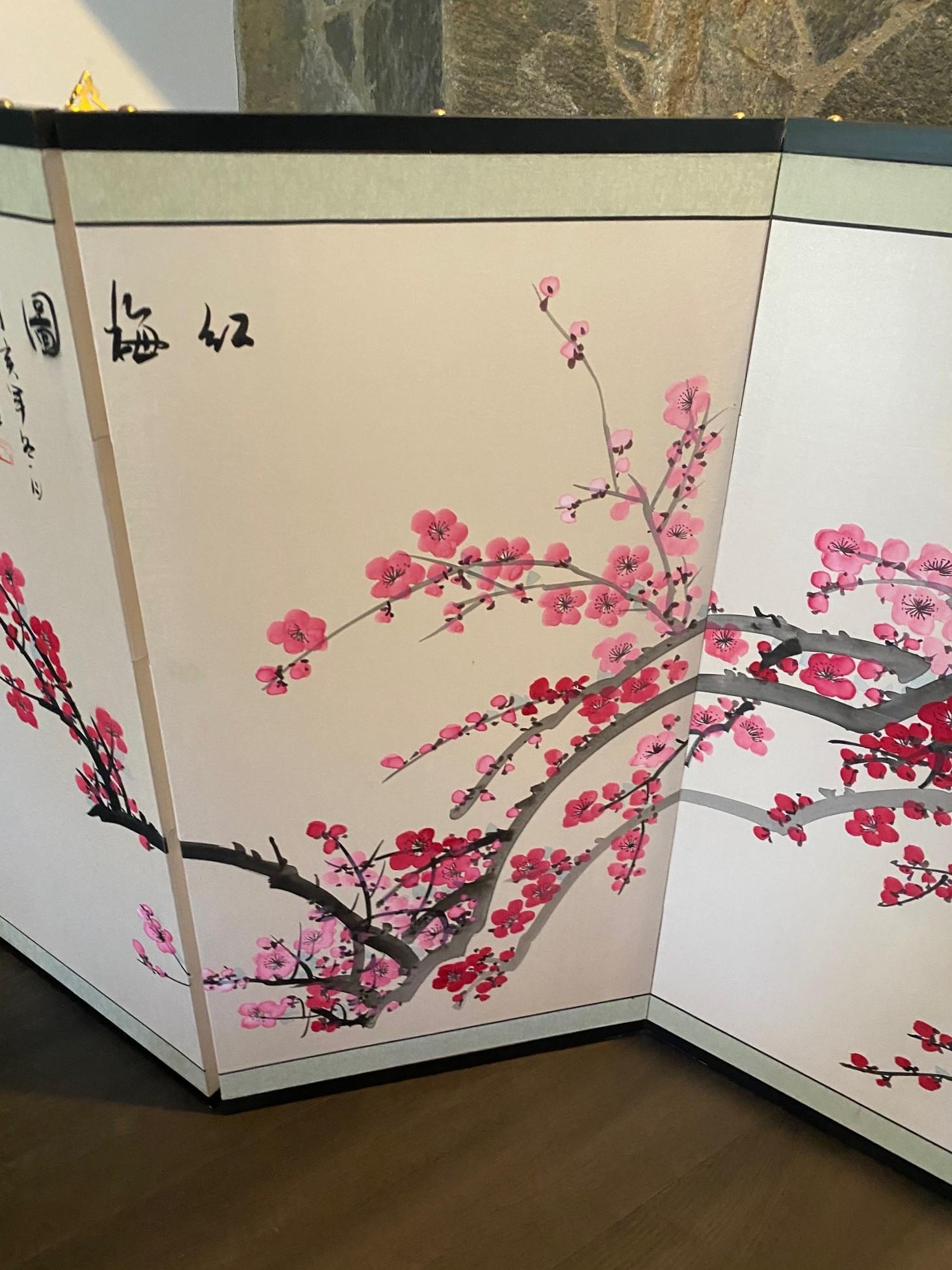 Fatto a mano Paravento giapponese asiatico coreano cinese firmato a 4 pannelli Foldes Byobu Cherry Blossom in vendita