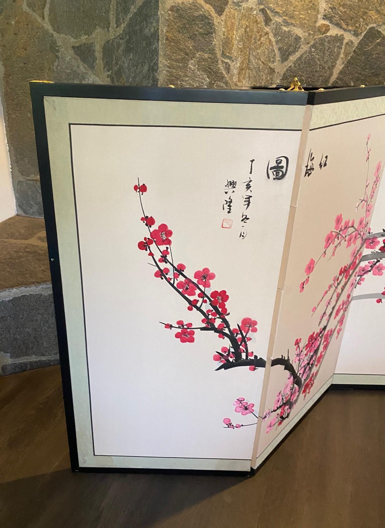 Paravento giapponese asiatico coreano cinese firmato a 4 pannelli Foldes Byobu Cherry Blossom In condizioni buone in vendita a Studio City, CA
