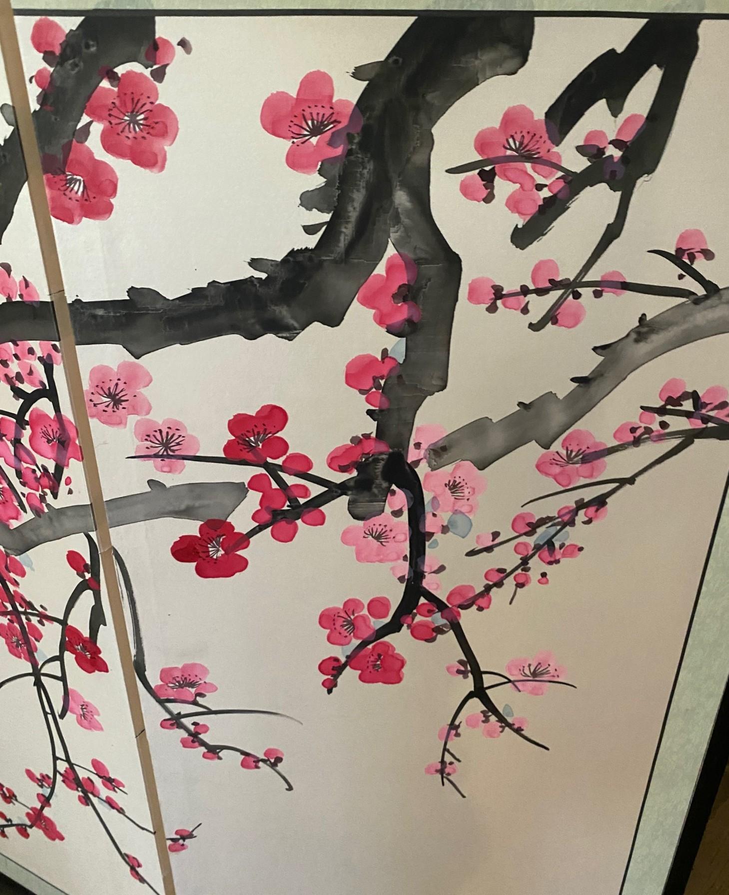 XX secolo Paravento giapponese asiatico coreano cinese firmato a 4 pannelli Foldes Byobu Cherry Blossom in vendita