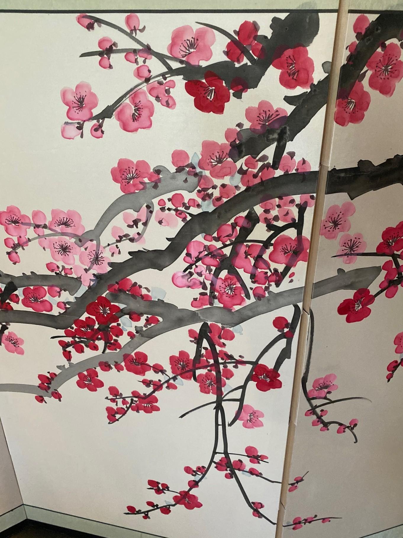 Legno Paravento giapponese asiatico coreano cinese firmato a 4 pannelli Foldes Byobu Cherry Blossom in vendita