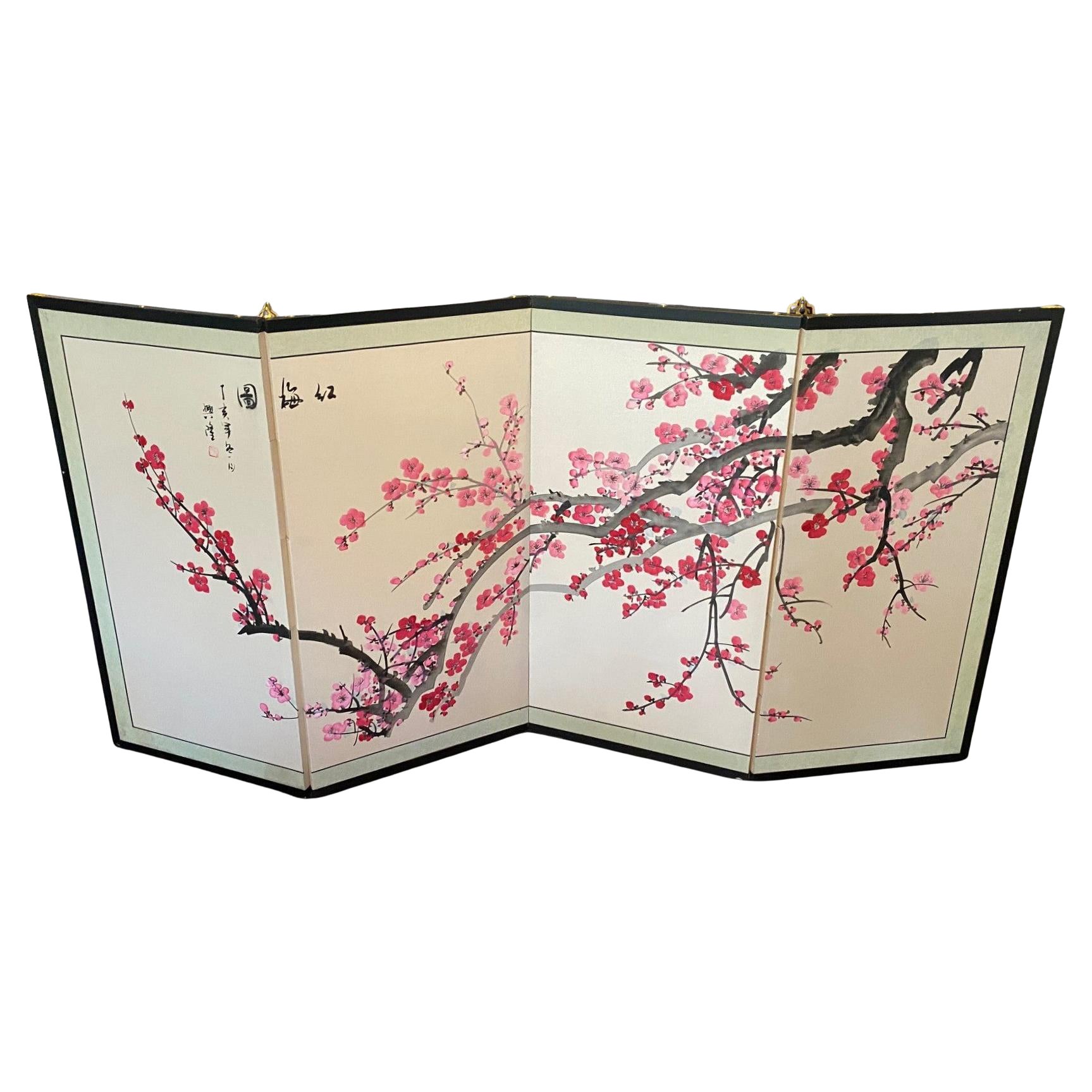 Japanese Asian Korean Chinese Signed 4-Panel Folding Byobu Cherry Blossom Screen