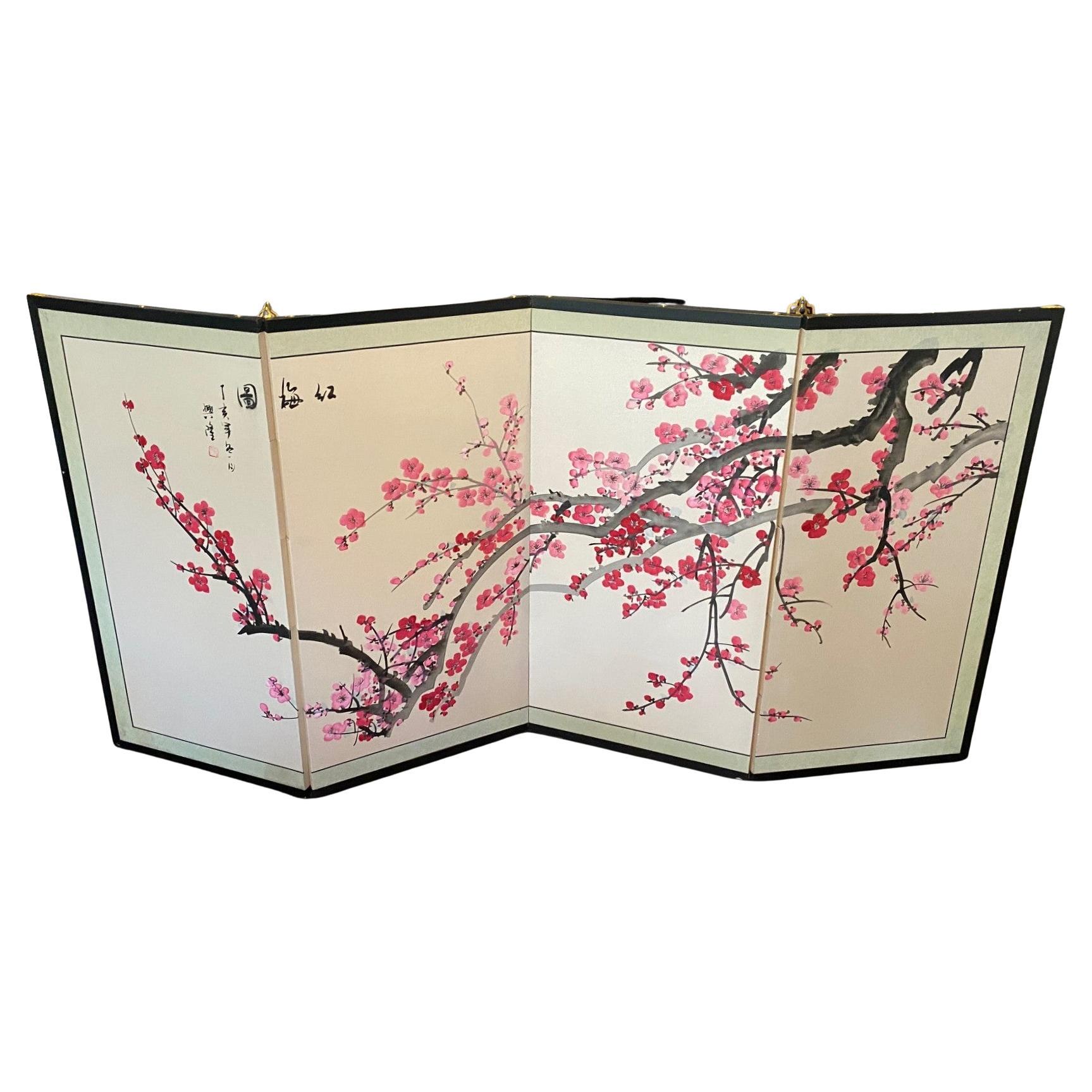 Paravento giapponese asiatico coreano cinese firmato a 4 pannelli Foldes Byobu Cherry Blossom