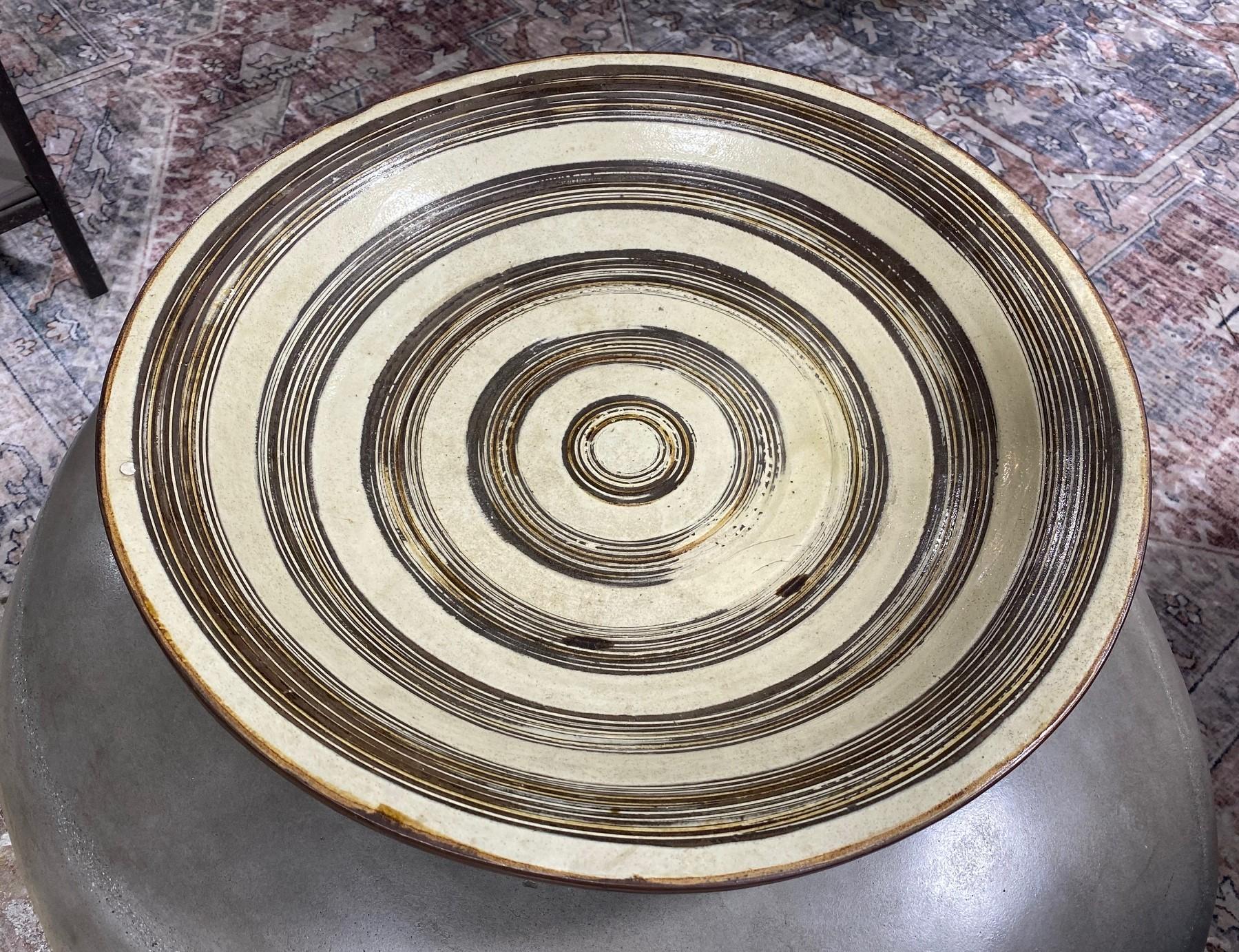 Showa Japanese Asian Large Ceramic Stoneware Studio Pottery Wabi-Sabi Bowl Charger For Sale