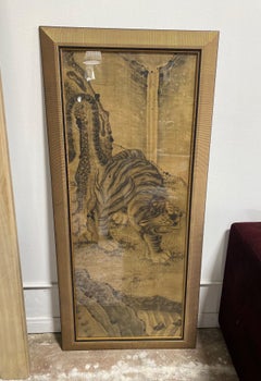 Japanese Asian Large Edo Period Framed Hand Painted Tiger Scroll