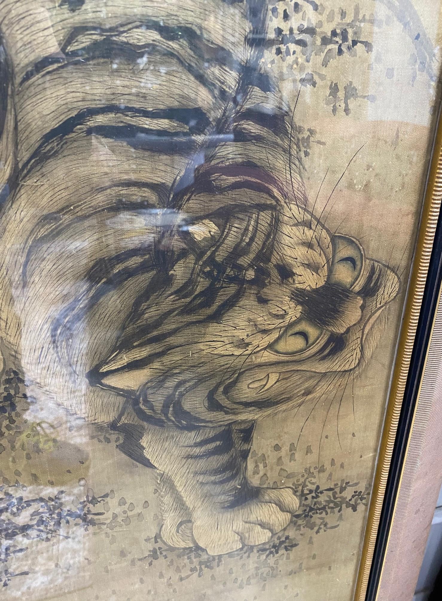 Hand-Painted Japanese Asian Large Edo Period Framed Hand Painted Tiger Scroll