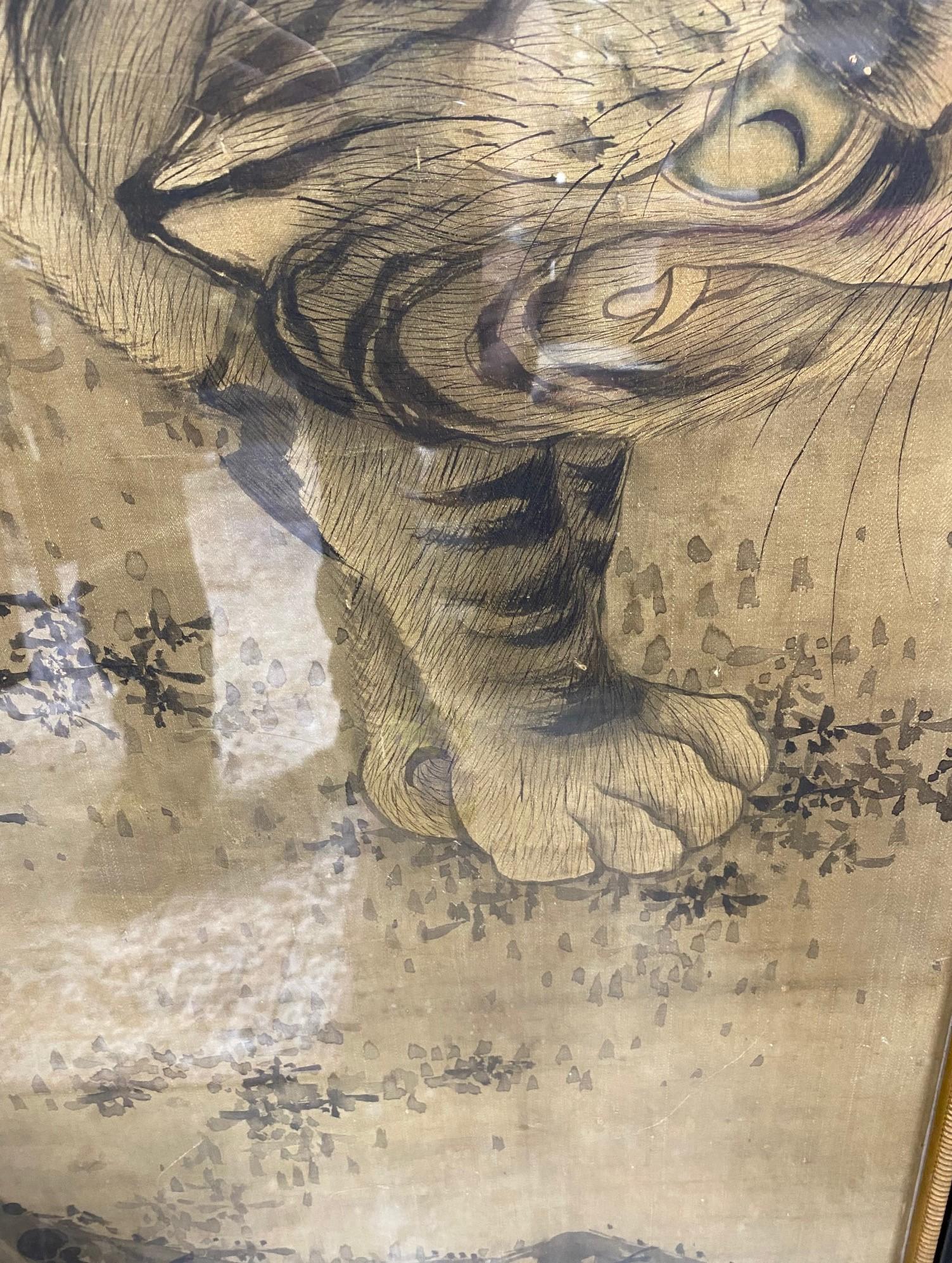 18th Century and Earlier Japanese Asian Large Edo Period Framed Hand Painted Tiger Scroll