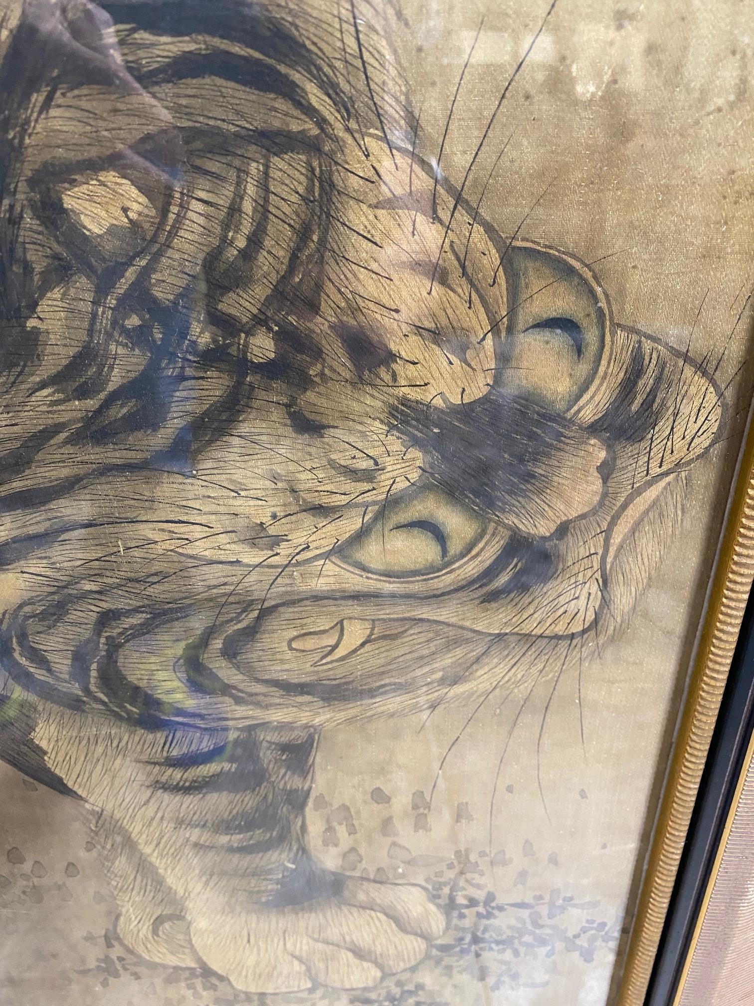 Silk Japanese Asian Large Edo Period Framed Hand Painted Tiger Scroll
