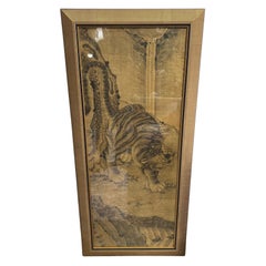 Japanese Asian Large Edo Period Framed Hand Painted Tiger Scroll