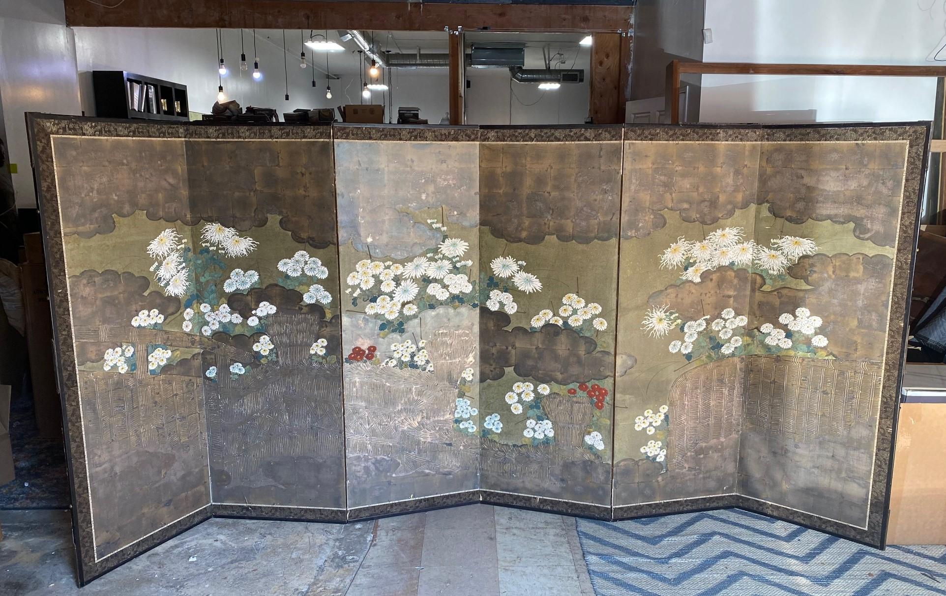 Japanese Asian Large Edo Period Six-Panel Folding Byobu Screen Floral Landscape 12