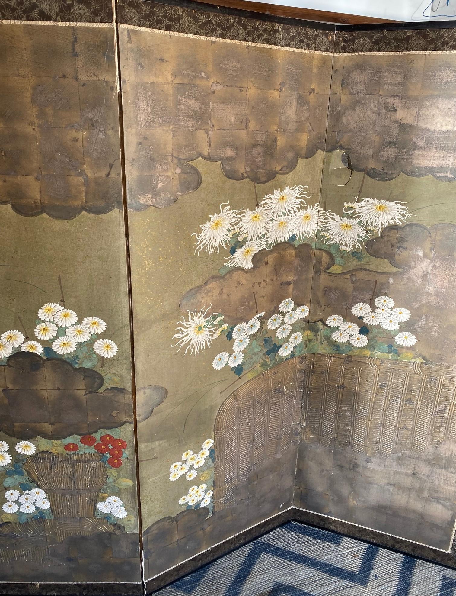 Hand-Crafted Japanese Asian Large Edo Period Six-Panel Folding Byobu Screen Floral Landscape