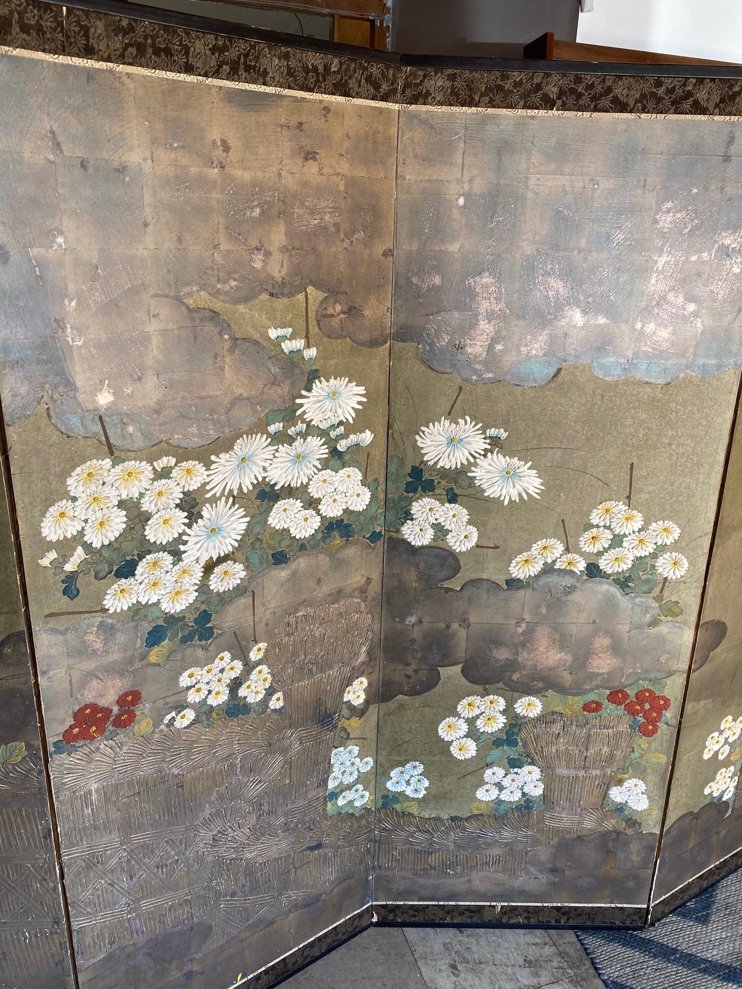 Japanese Asian Large Edo Period Six-Panel Folding Byobu Screen Floral Landscape In Good Condition In Studio City, CA