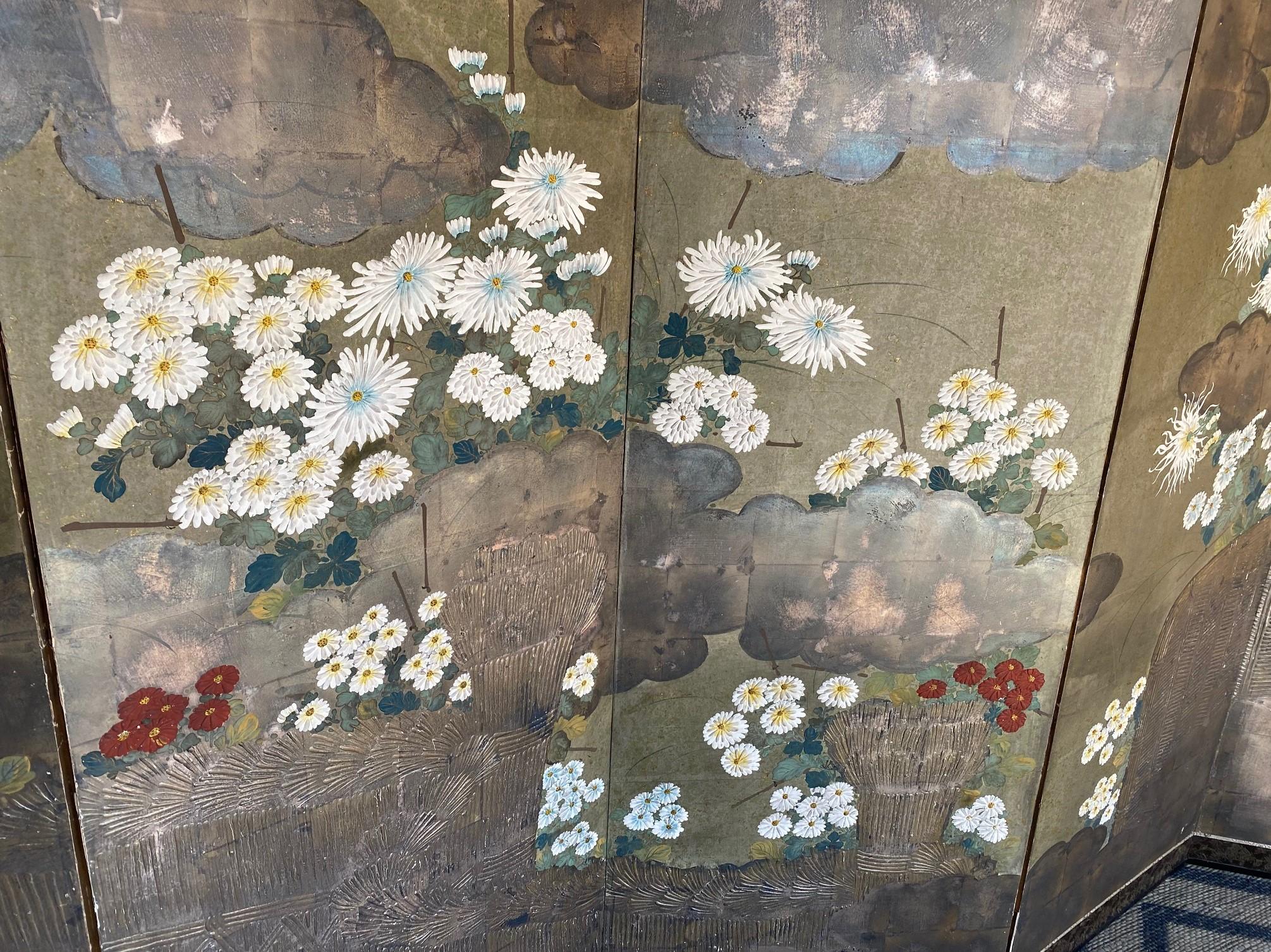18th Century and Earlier Japanese Asian Large Edo Period Six-Panel Folding Byobu Screen Floral Landscape
