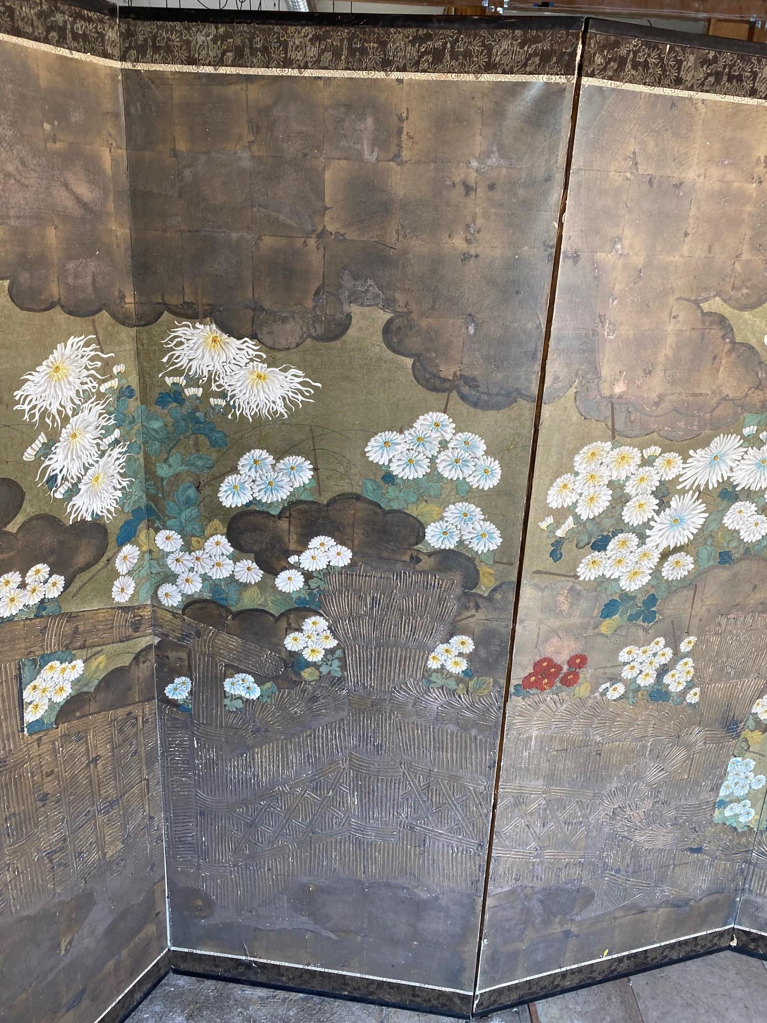 Textile Japanese Asian Large Edo Period Six-Panel Folding Byobu Screen Floral Landscape