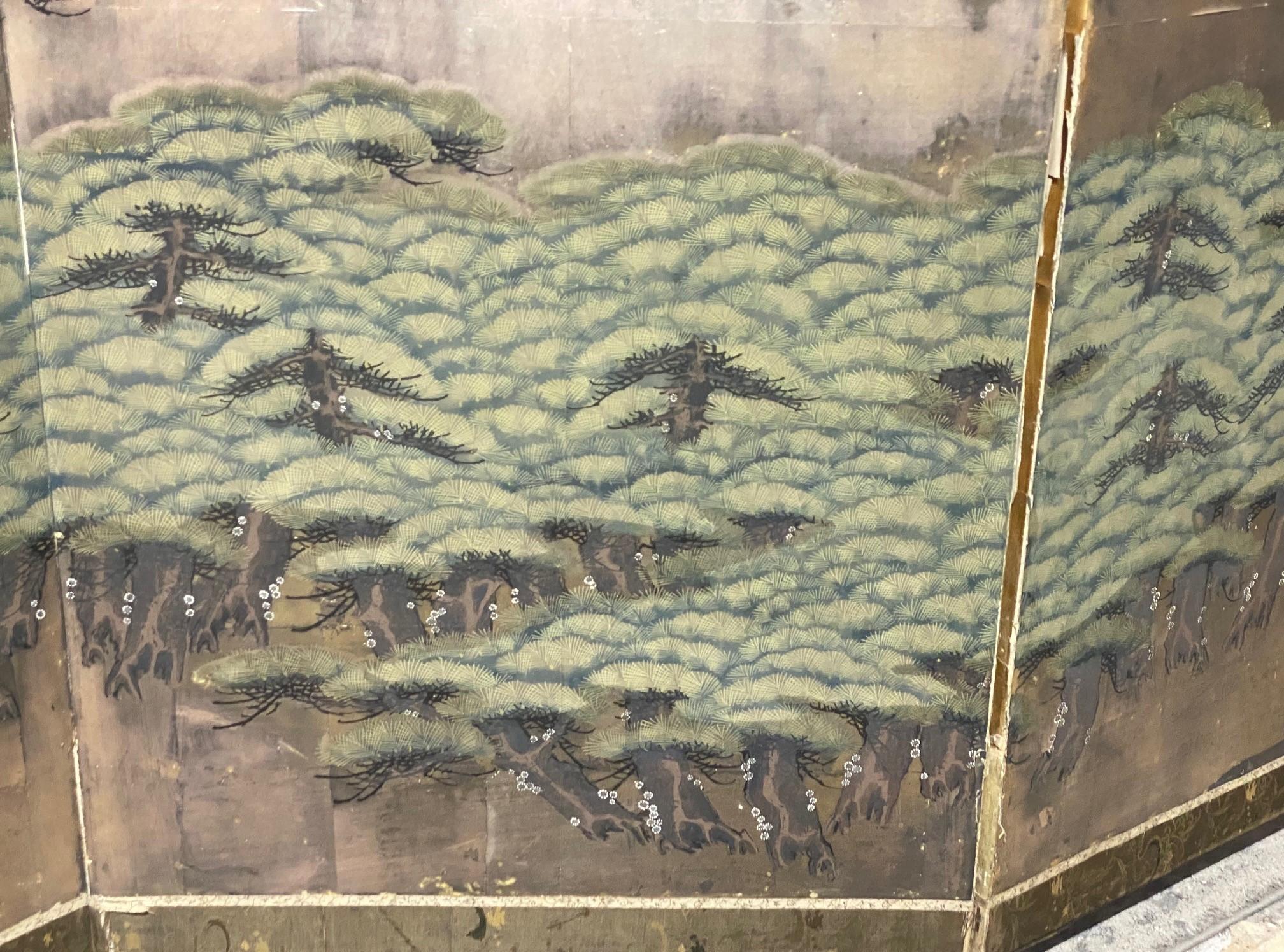 Japanese Asian Large Edo Six-Panel Folding Byobu Screen Forest Tree Landscape For Sale 4