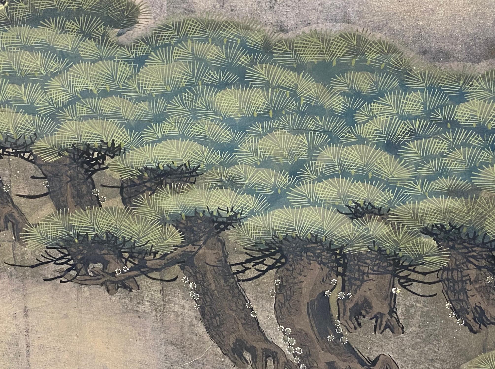 Japanese Asian Large Edo Six-Panel Folding Byobu Screen Forest Tree Landscape For Sale 6