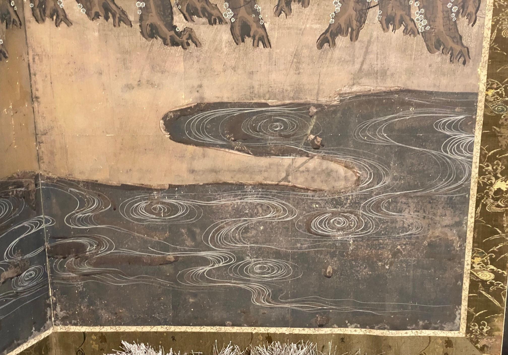 Japanese Asian Large Edo Six-Panel Folding Byobu Screen Forest Tree Landscape For Sale 8
