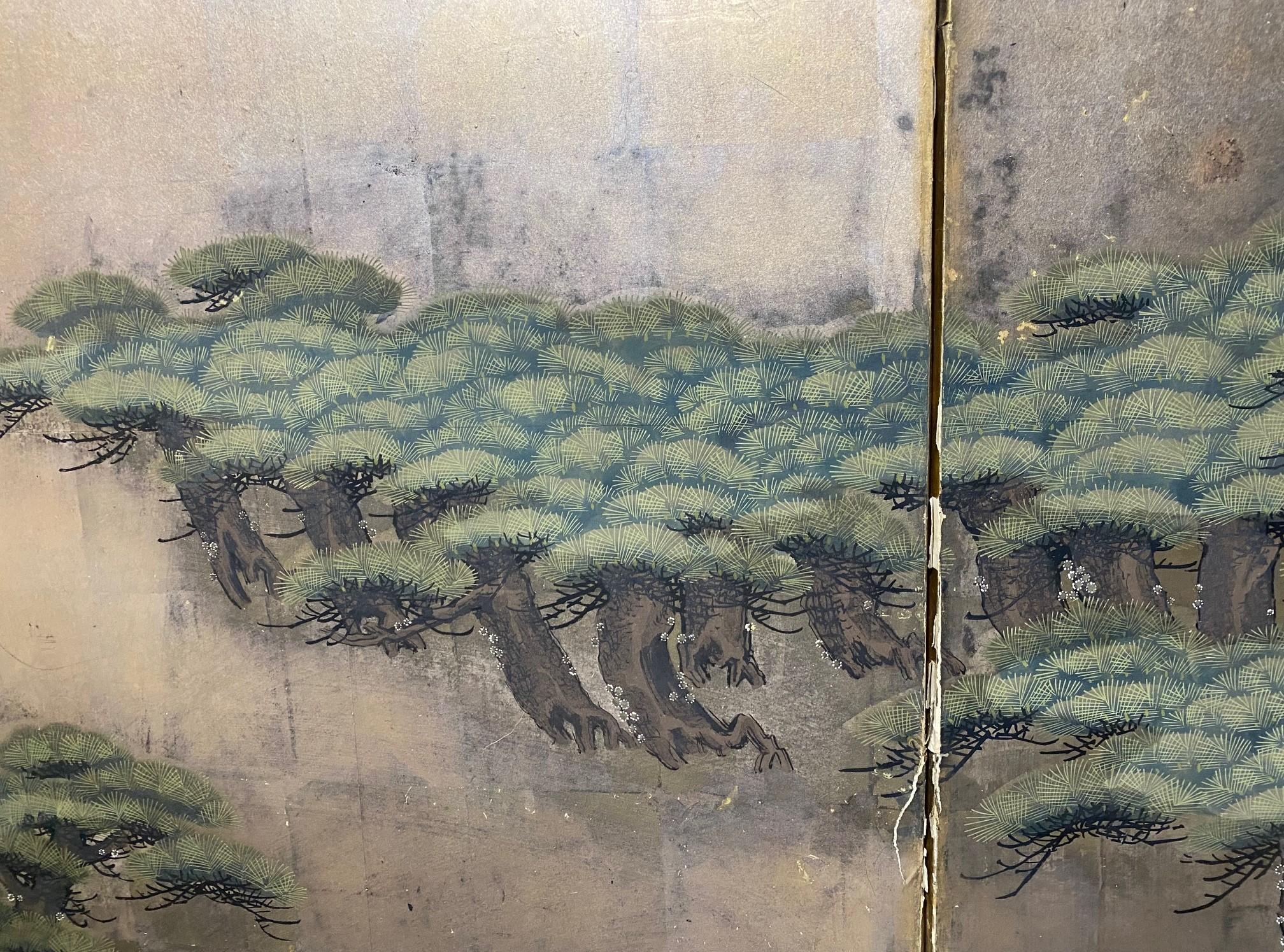 Japanese Asian Large Edo Six-Panel Folding Byobu Screen Forest Tree Landscape For Sale 11