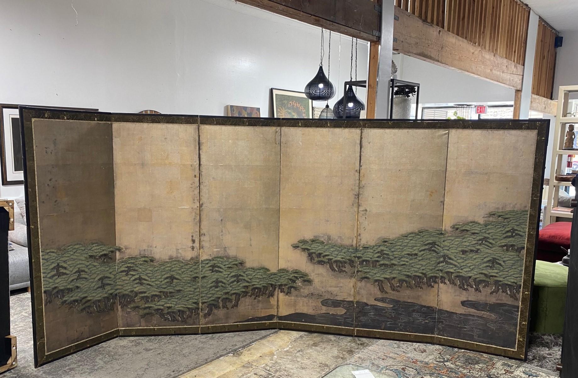 A beautiful, wonderfully composed (with fabulous use of negative space) quite large six-panel Sea of Trees Japanese Byobu folding screen/room divider depicting a vast forest scene with lush emerald green trees (perhaps pine trees) on a