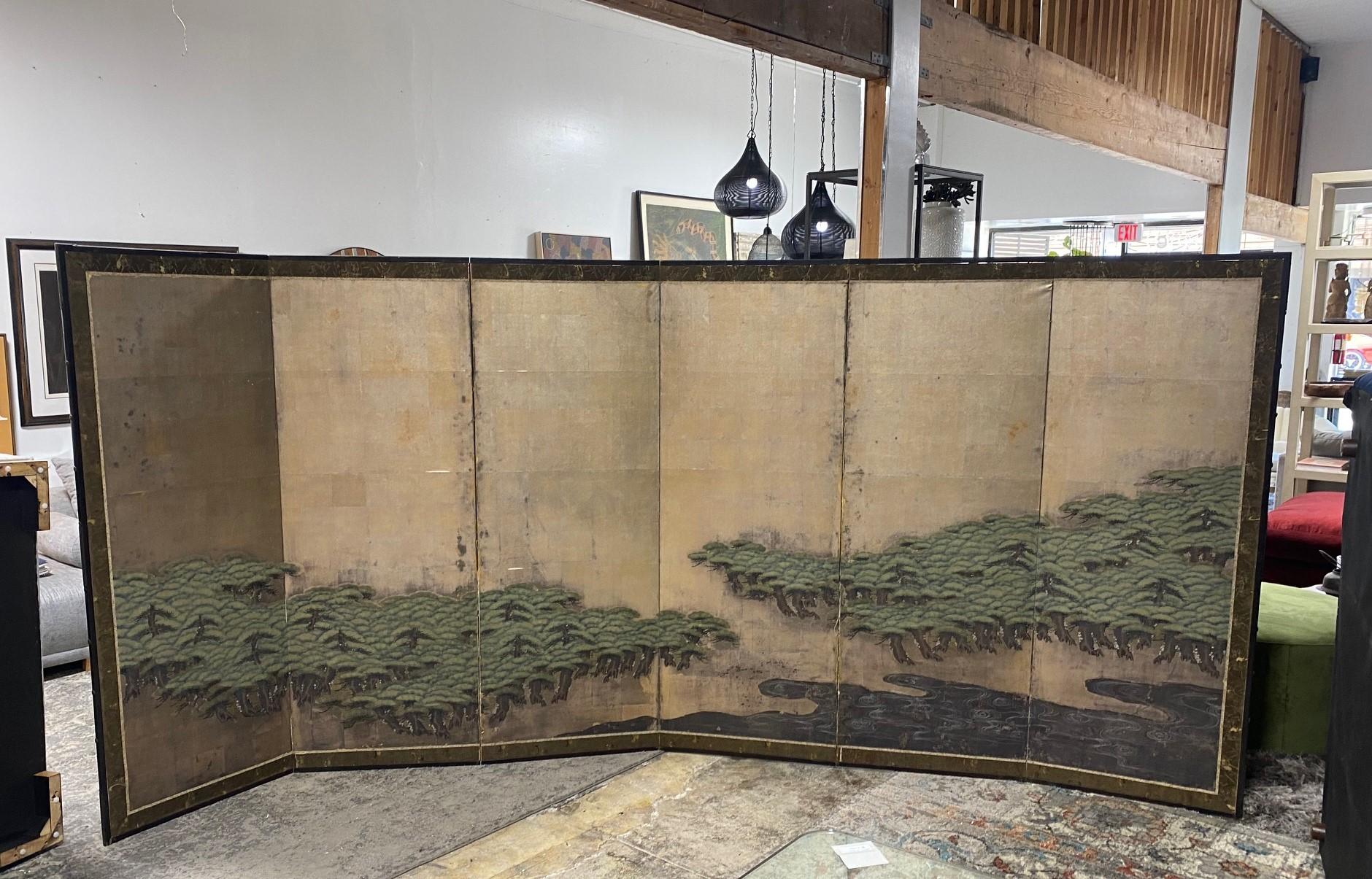 Japanese Asian Large Edo Six-Panel Folding Byobu Screen Forest Tree Landscape For Sale 14