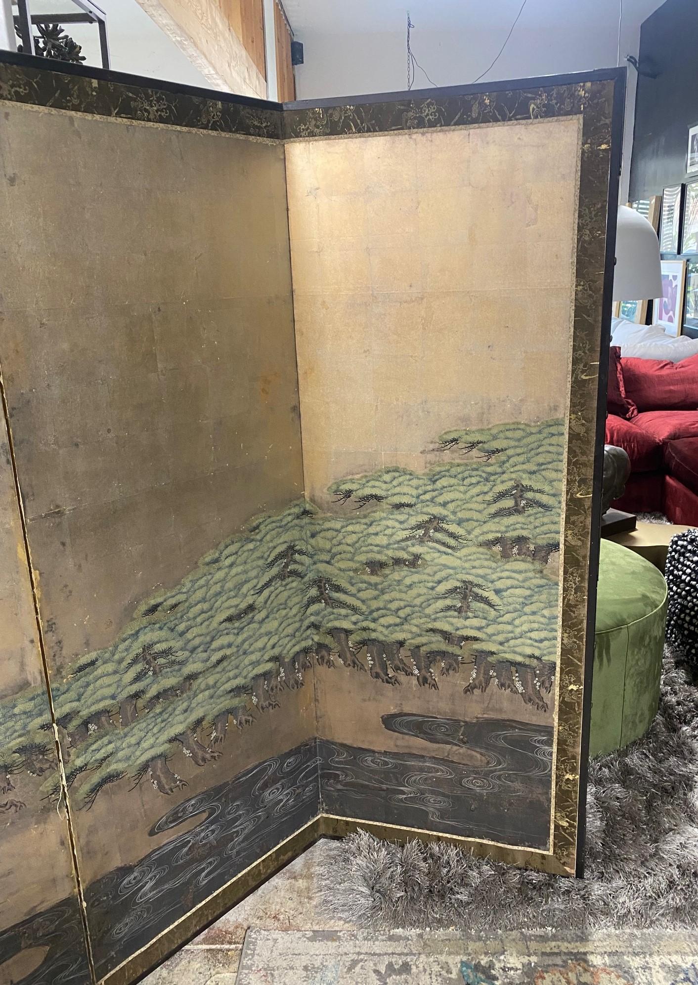 Hand-Crafted Japanese Asian Large Edo Six-Panel Folding Byobu Screen Forest Tree Landscape