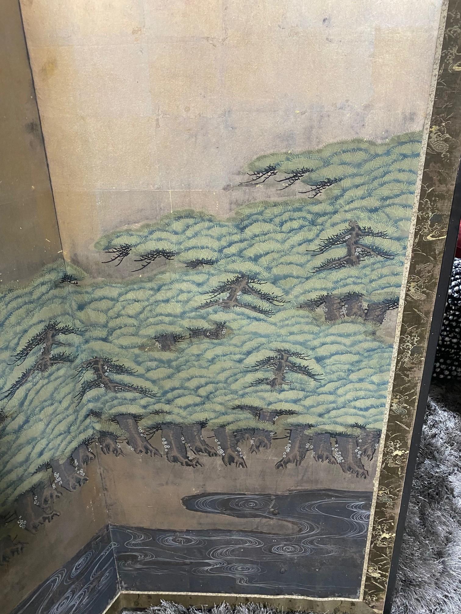 Japanese Asian Large Edo Six-Panel Folding Byobu Screen Forest Tree Landscape In Good Condition In Studio City, CA