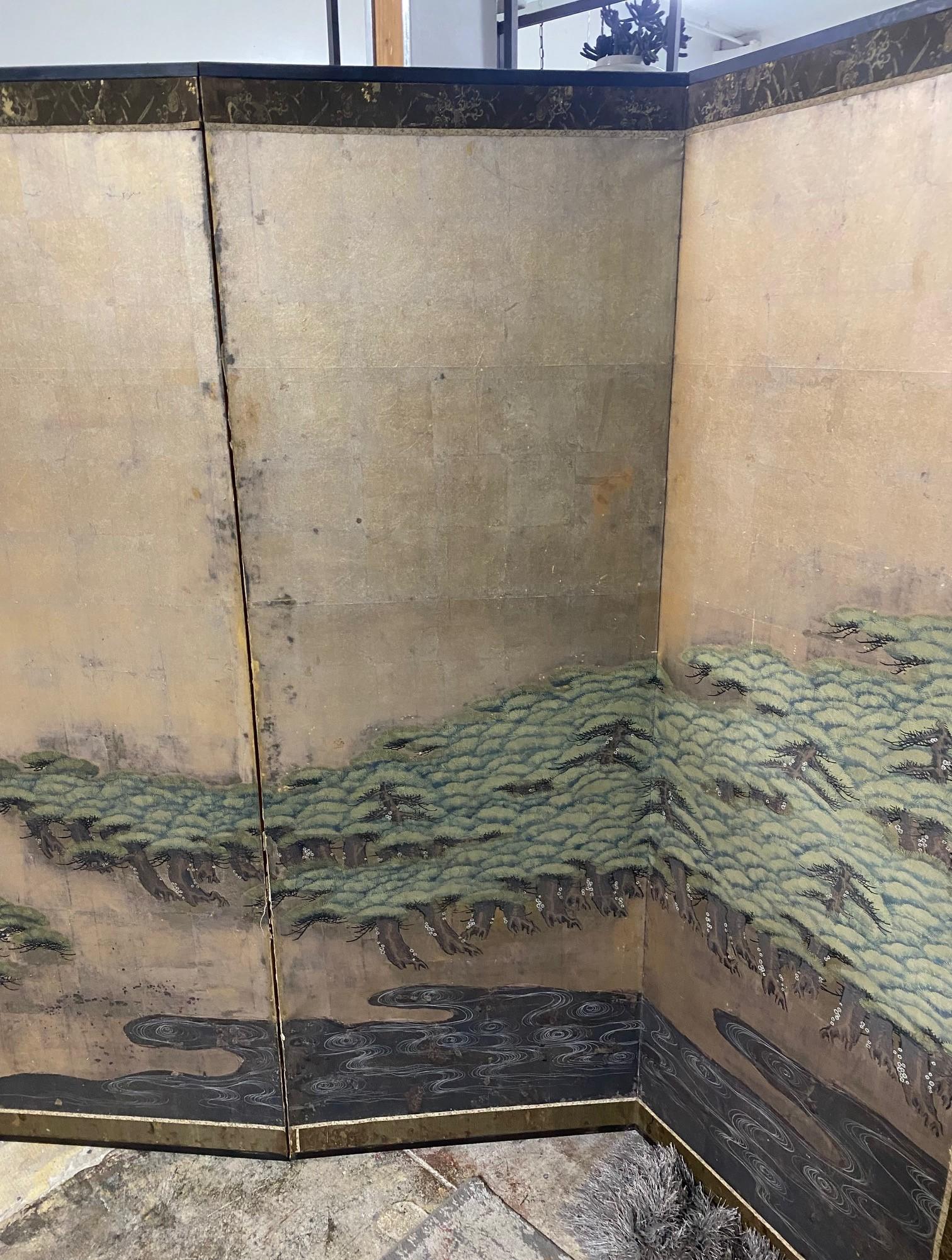 19th Century Japanese Asian Large Edo Six-Panel Folding Byobu Screen Forest Tree Landscape