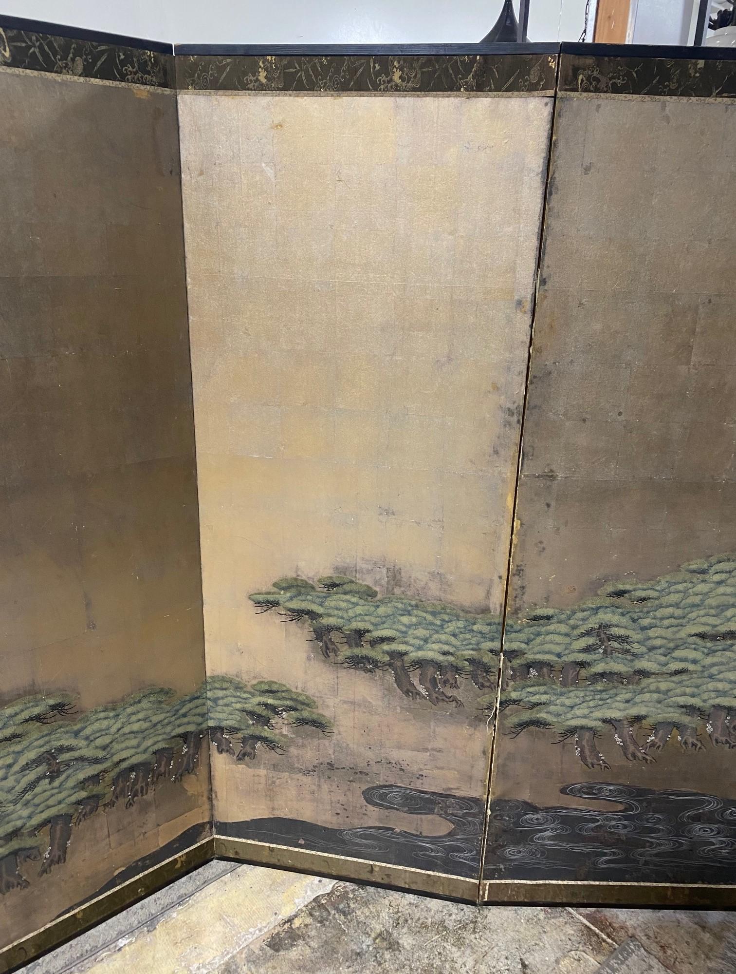 Gold Leaf Japanese Asian Large Edo Six-Panel Folding Byobu Screen Forest Tree Landscape For Sale