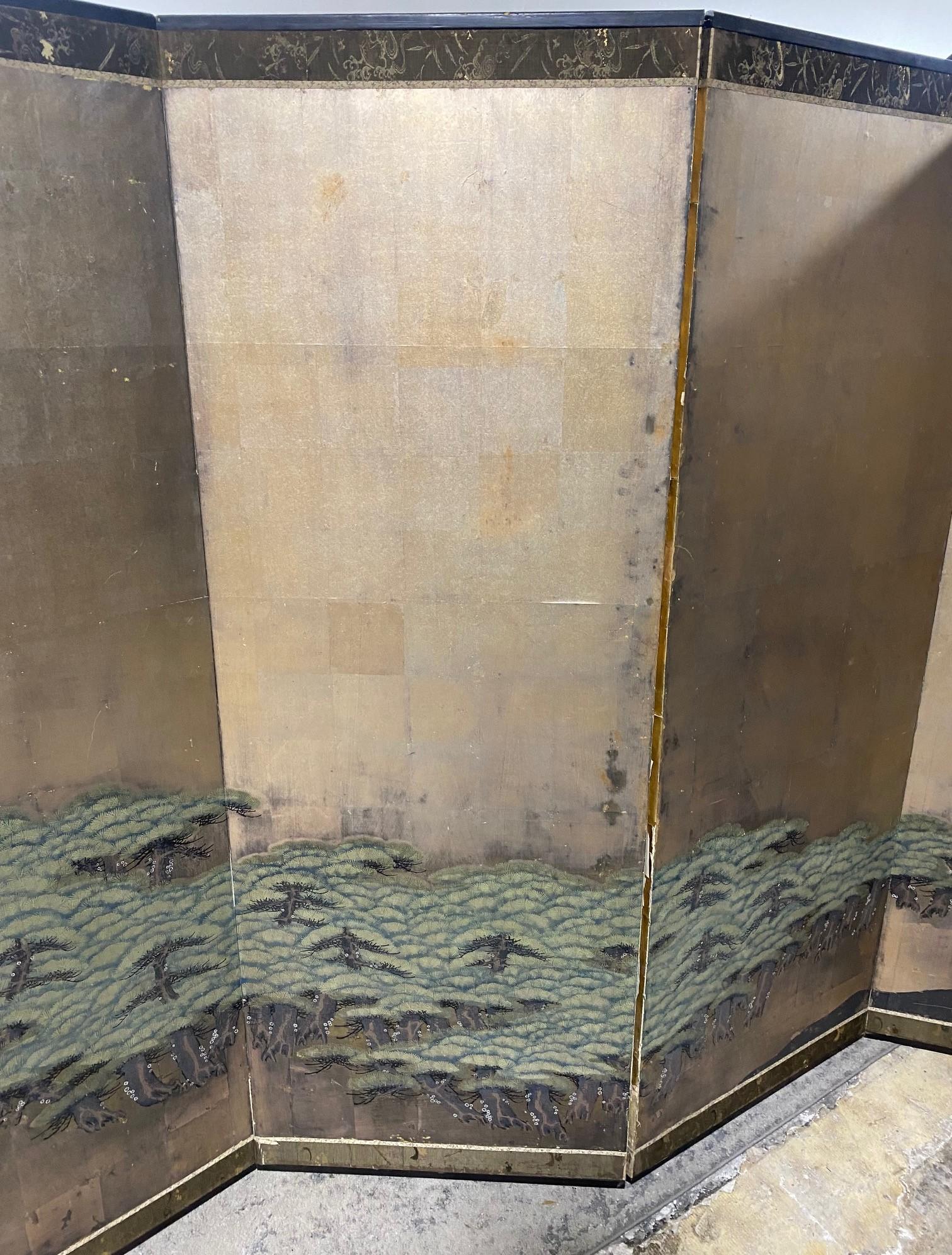 Japanese Asian Large Edo Six-Panel Folding Byobu Screen Forest Tree Landscape For Sale 1