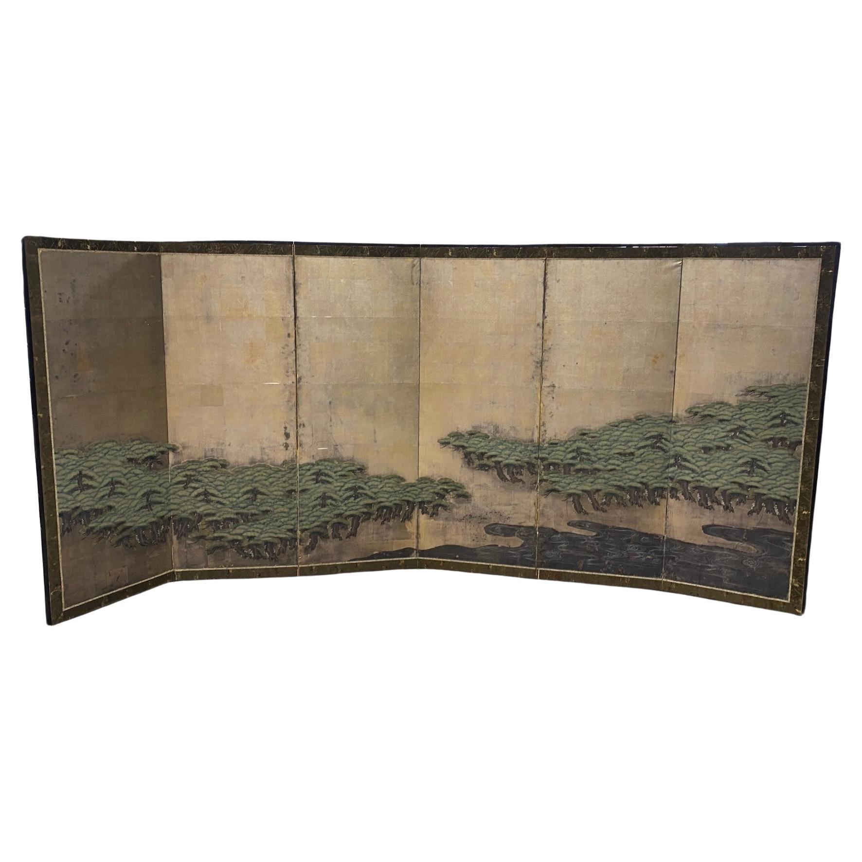 Japanese Asian Large Edo Six-Panel Folding Byobu Screen Forest Tree Landscape For Sale