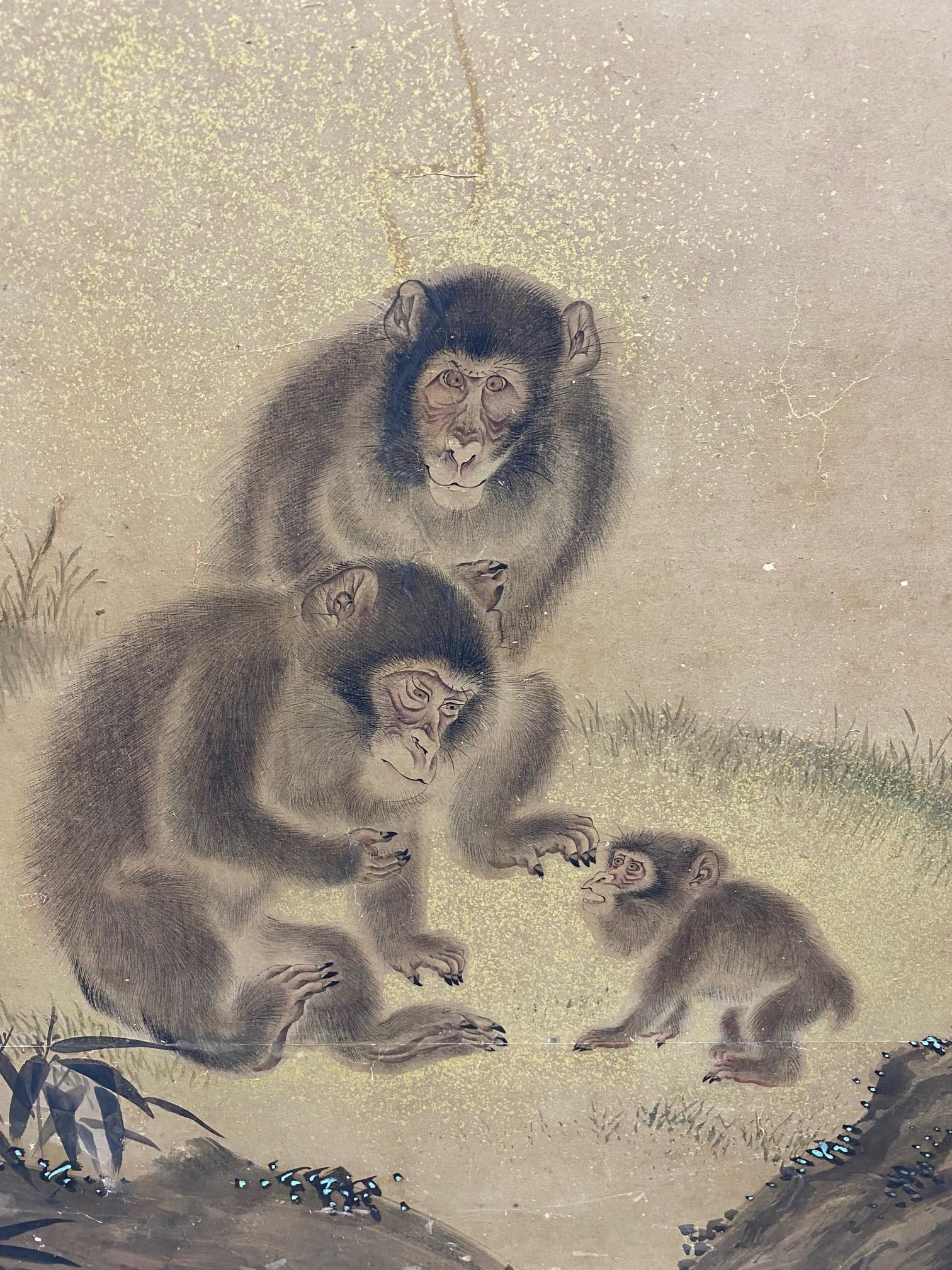 Grand écran Byobu pliant japonais asiatique Edo à six panneaux, paysage de singes et arbres en vente 3
