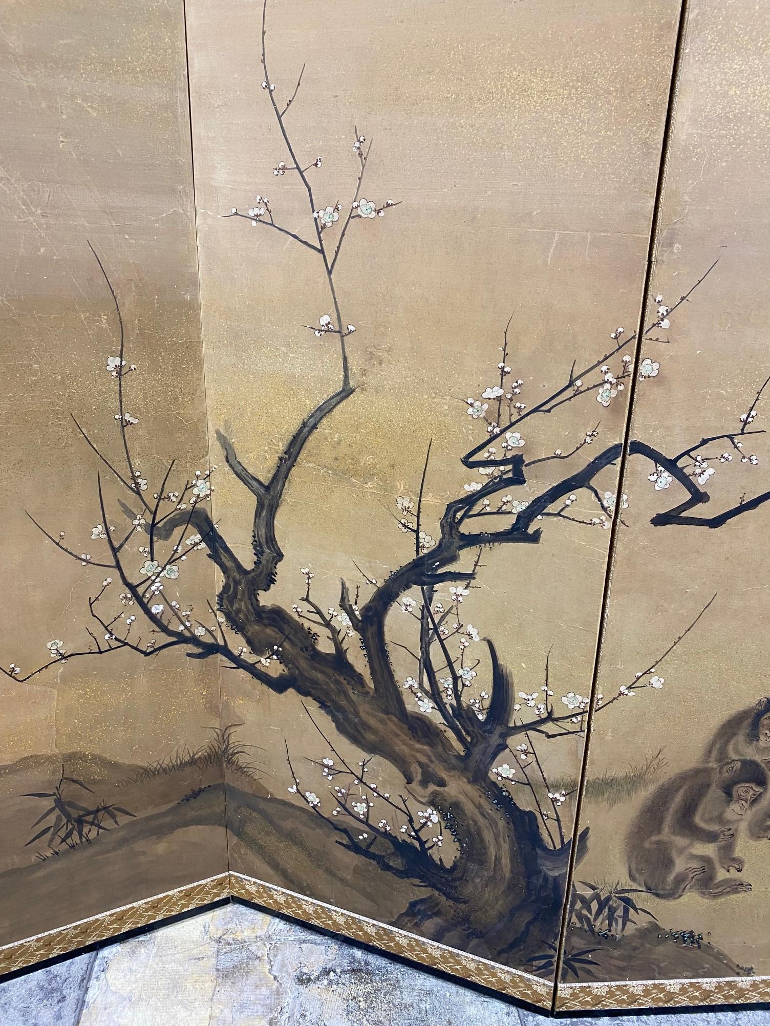 Japanese Asian Large Edo Six-Panel Folding Byobu Screen Landscape Monkeys Trees For Sale 2