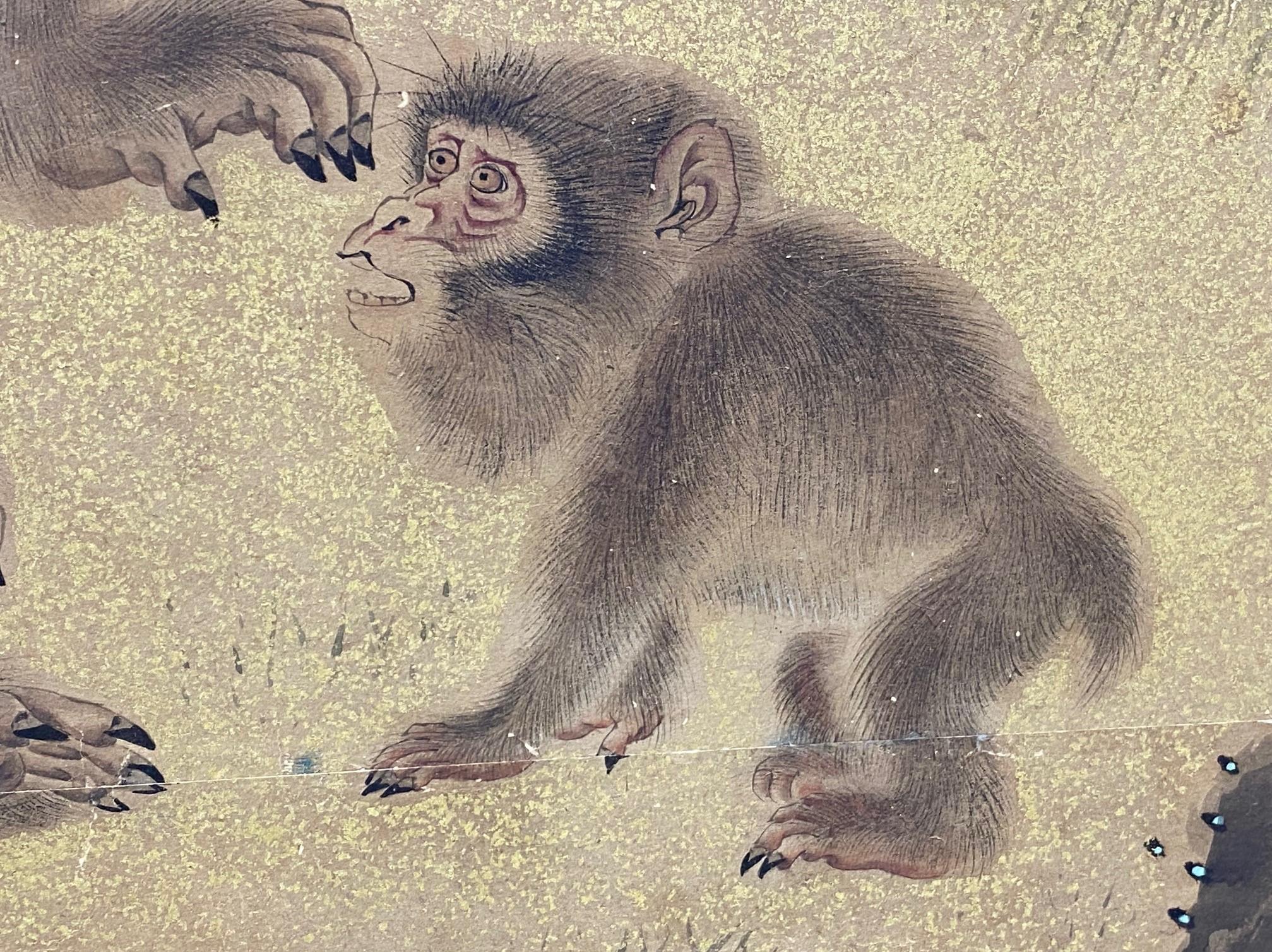 Grand écran Byobu pliant japonais asiatique Edo à six panneaux, paysage de singes et arbres en vente 7