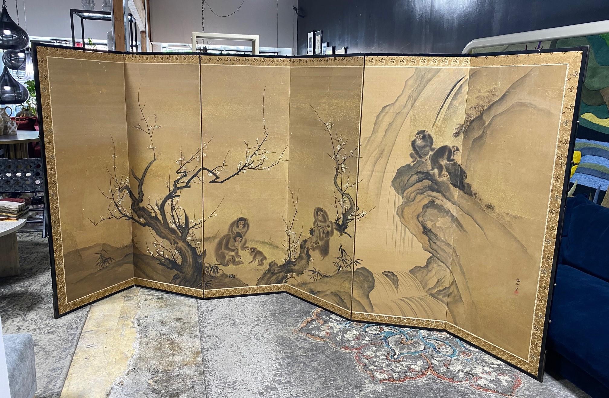 Japanese Asian Large Edo Six-Panel Folding Byobu Screen Landscape Monkeys Trees For Sale 11