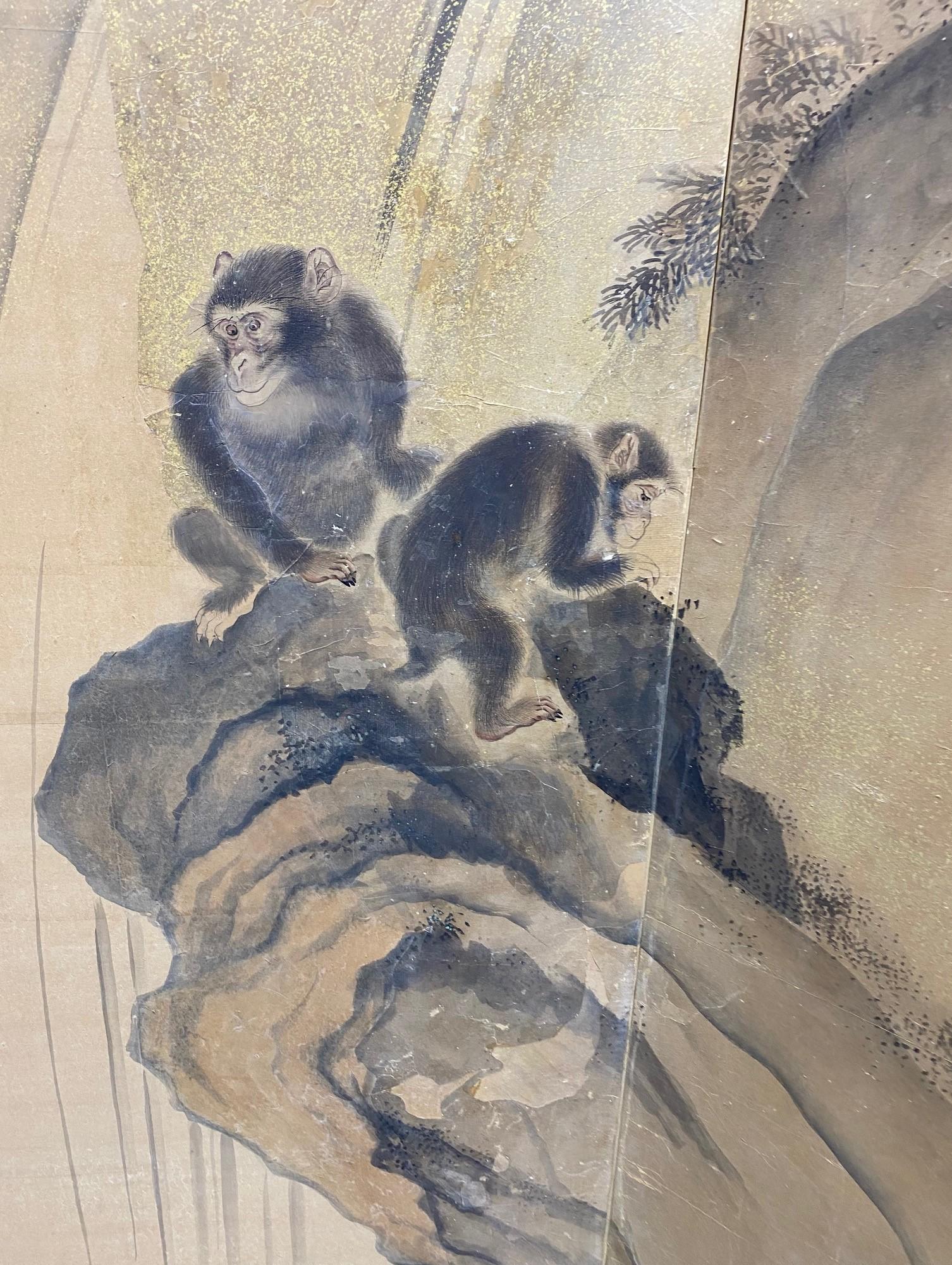Peint à la main Grand écran Byobu pliant japonais asiatique Edo à six panneaux, paysage de singes et arbres en vente