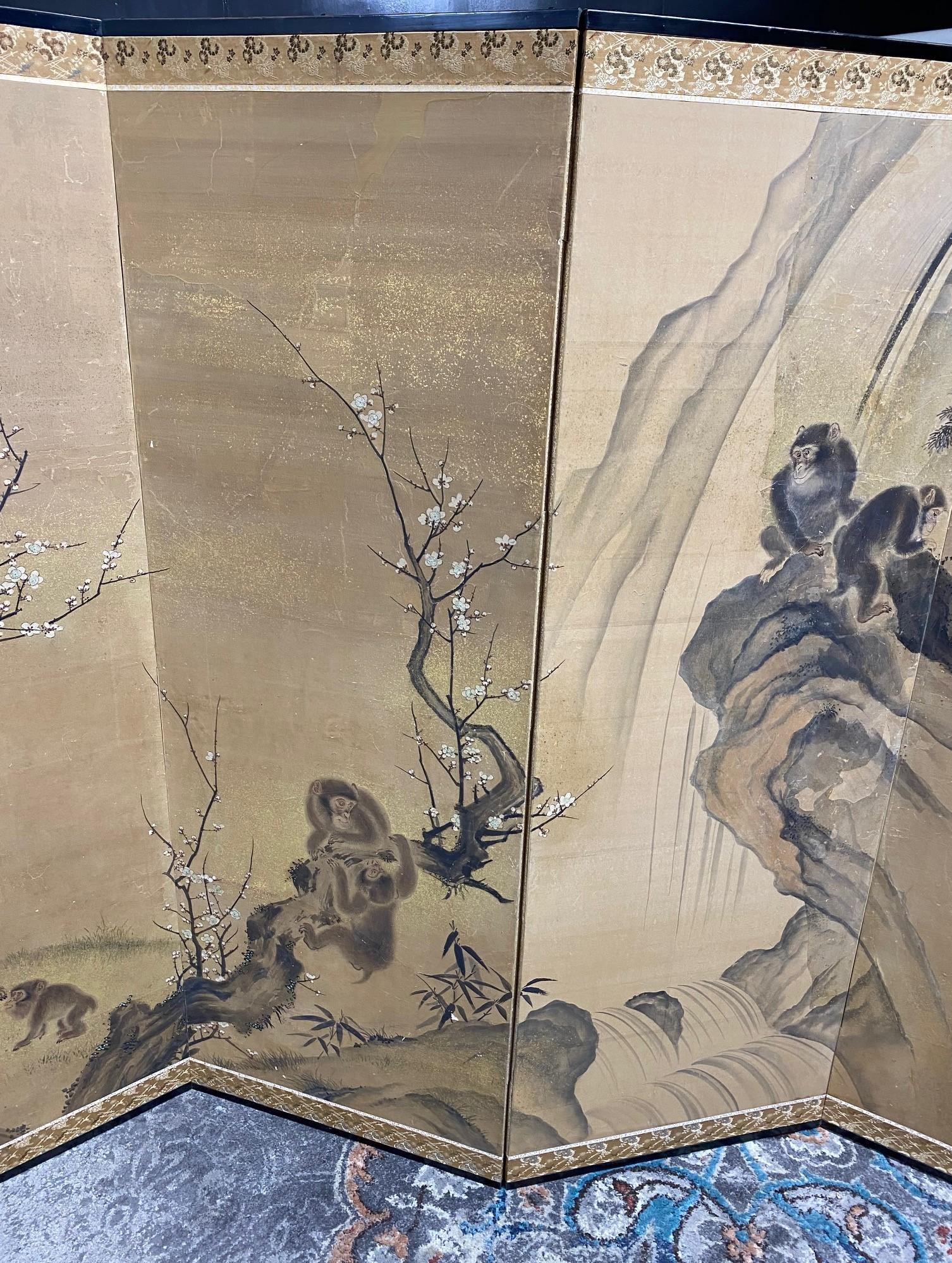 Grand écran Byobu pliant japonais asiatique Edo à six panneaux, paysage de singes et arbres Bon état - En vente à Studio City, CA
