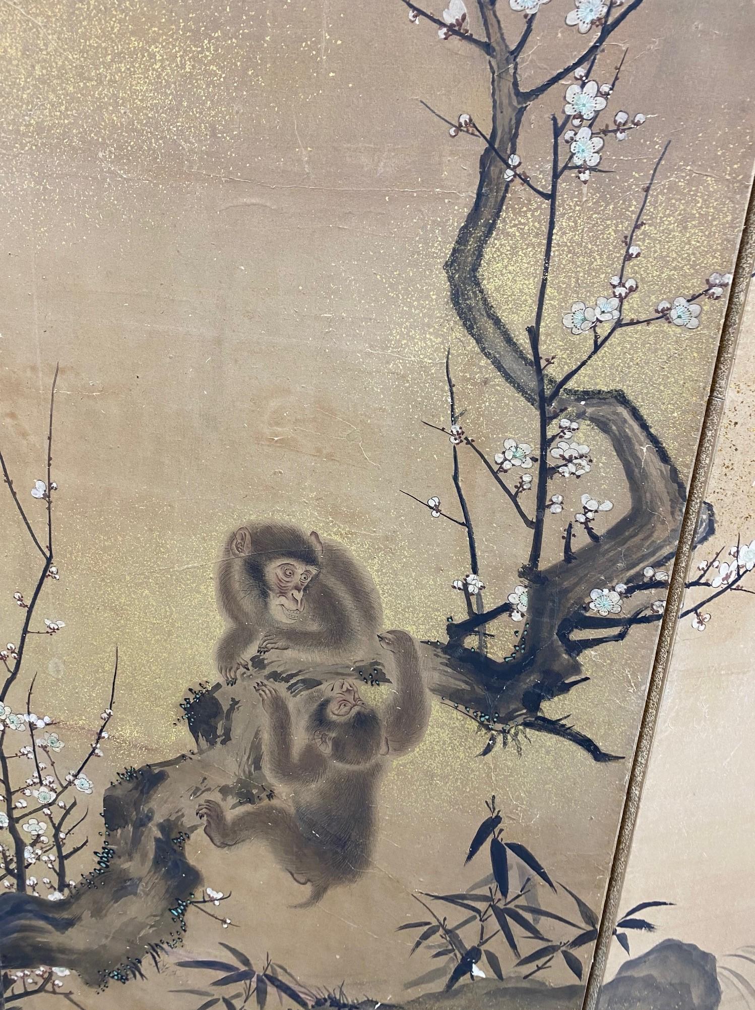 XIXe siècle Grand écran Byobu pliant japonais asiatique Edo à six panneaux, paysage de singes et arbres en vente