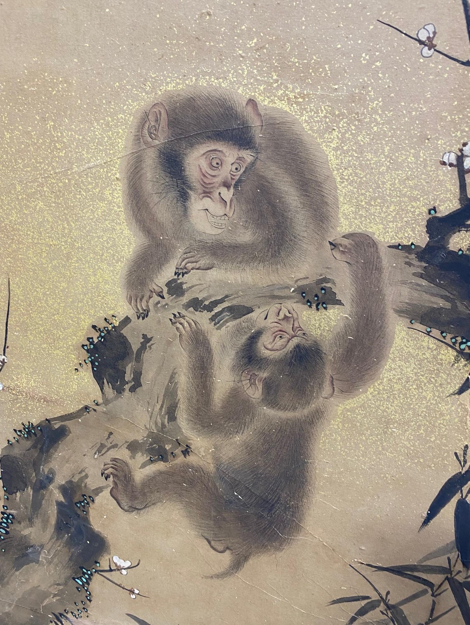 Feuille d'or Grand écran Byobu pliant japonais asiatique Edo à six panneaux, paysage de singes et arbres en vente