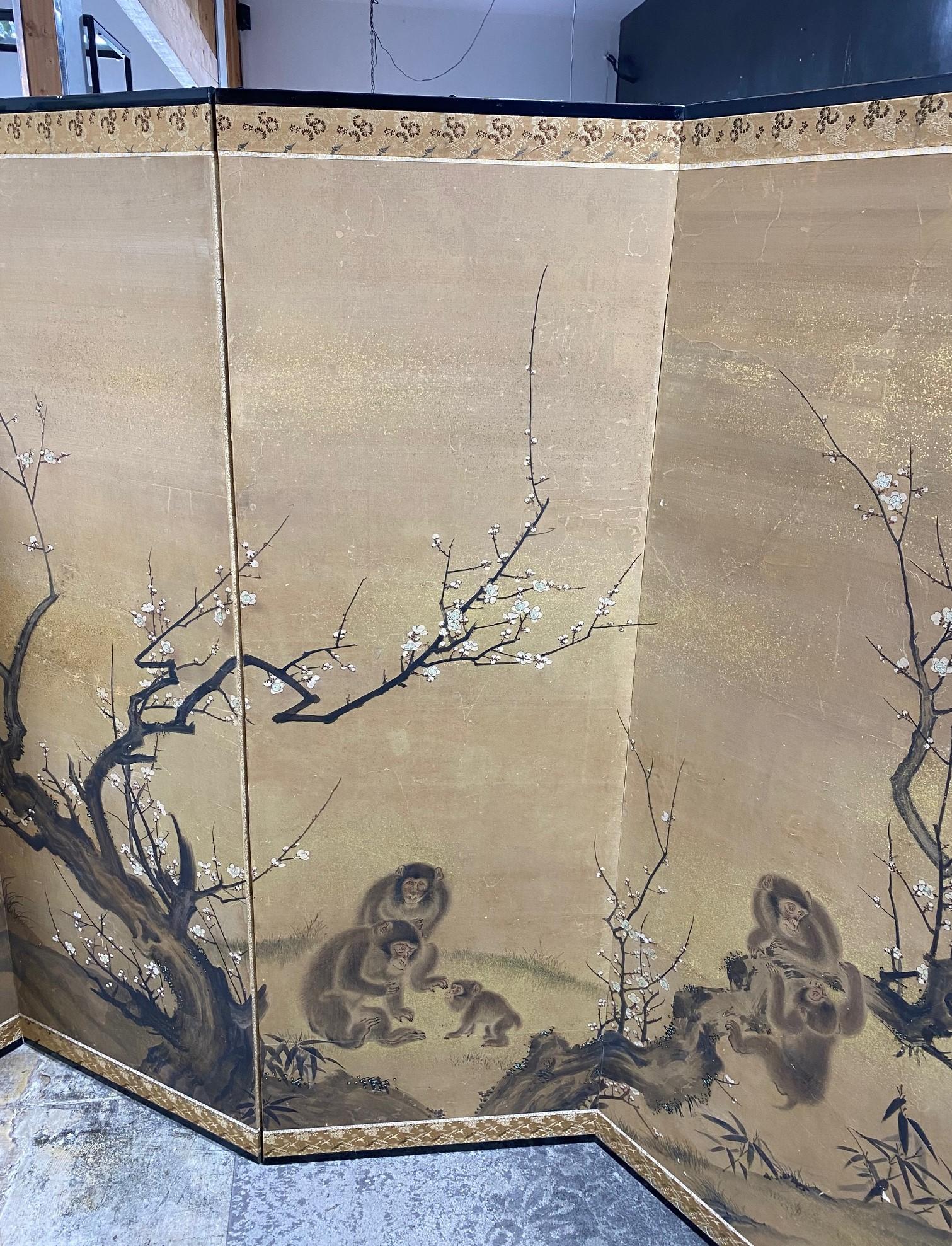 19th Century Japanese Asian Large Edo Six-Panel Folding Byobu Screen Landscape Monkeys Trees For Sale