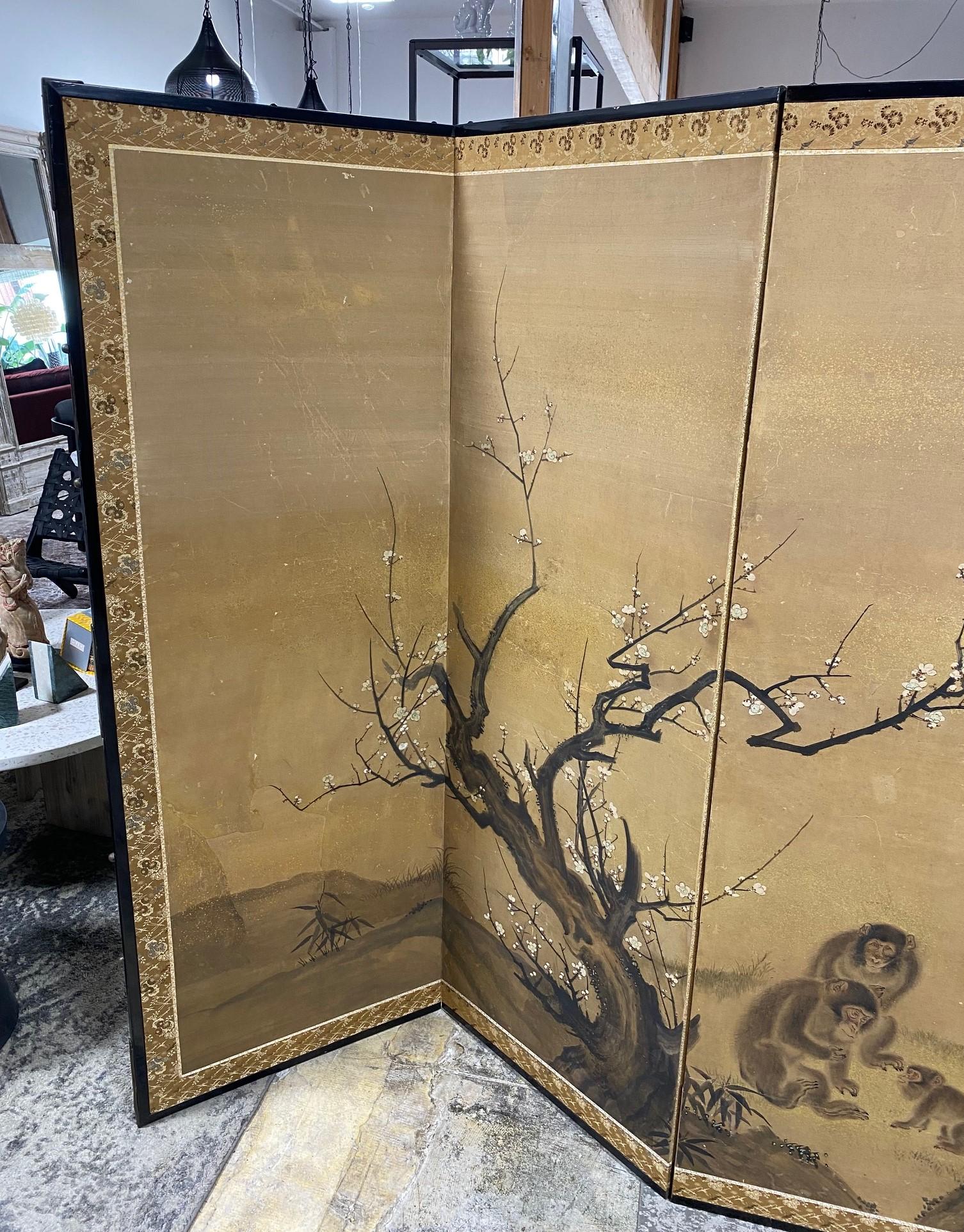 Gold Leaf Japanese Asian Large Edo Six-Panel Folding Byobu Screen Landscape Monkeys Trees For Sale