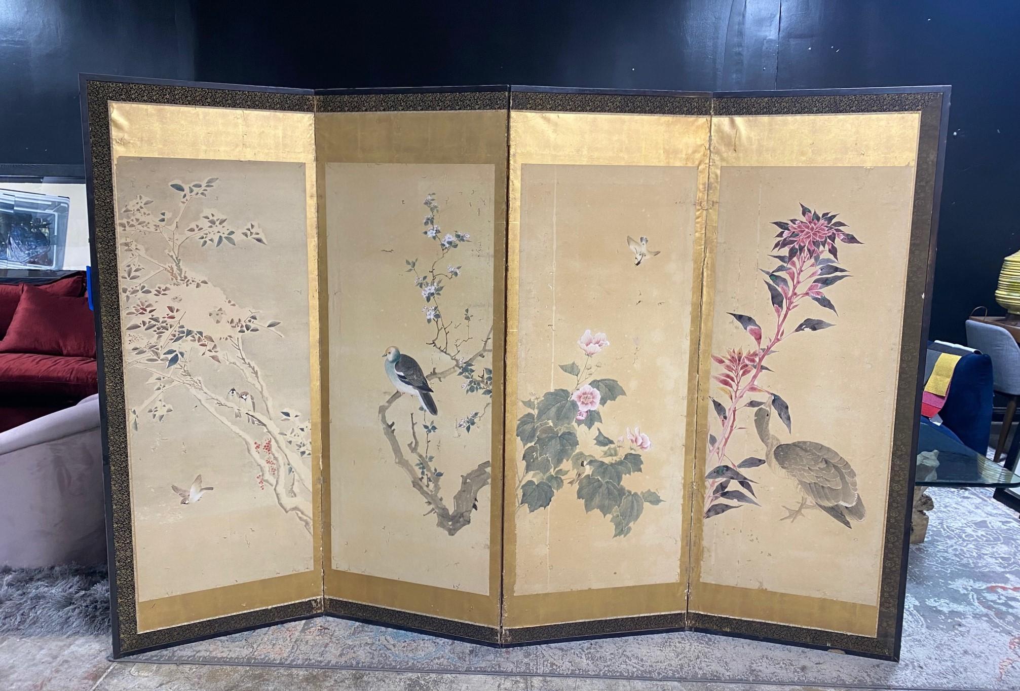 Japanese Asian Large Four-Panel Folding Byobu Showa Nature Bird Landscape Screen 14
